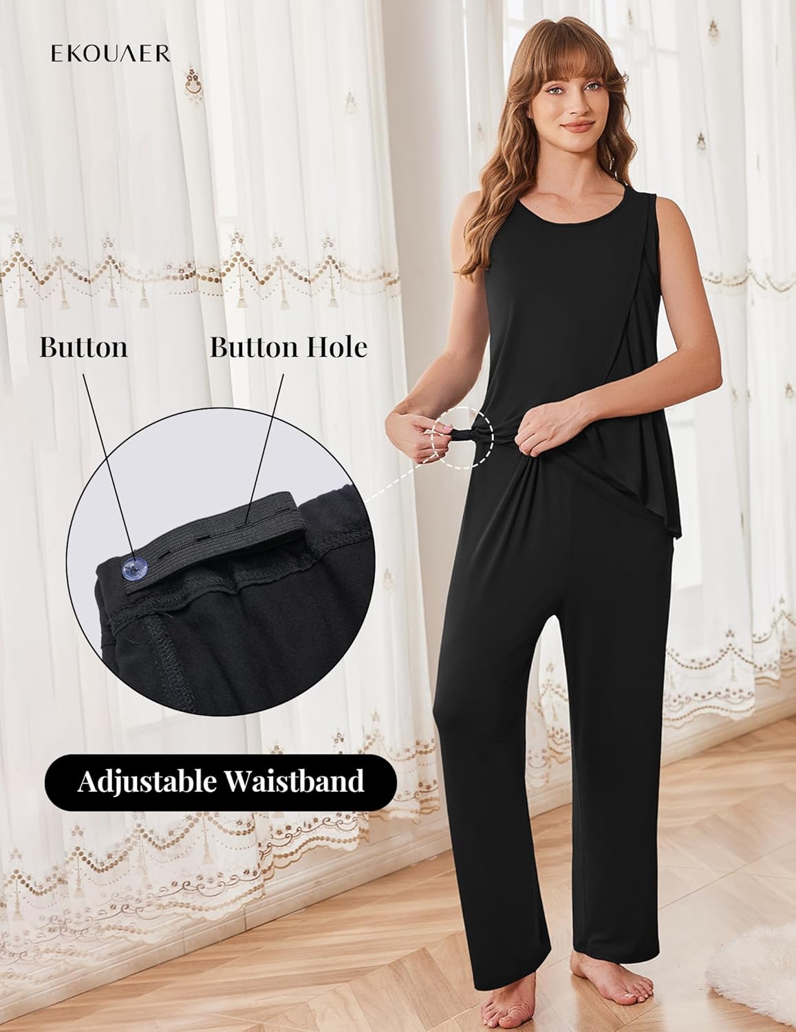 Alternative view of Ekouaer Maternity Nursing Robe Set 3 Pieces Sleeveless Top, Pregnancy Pants & Robe Double Layer Pajamas S-XXL