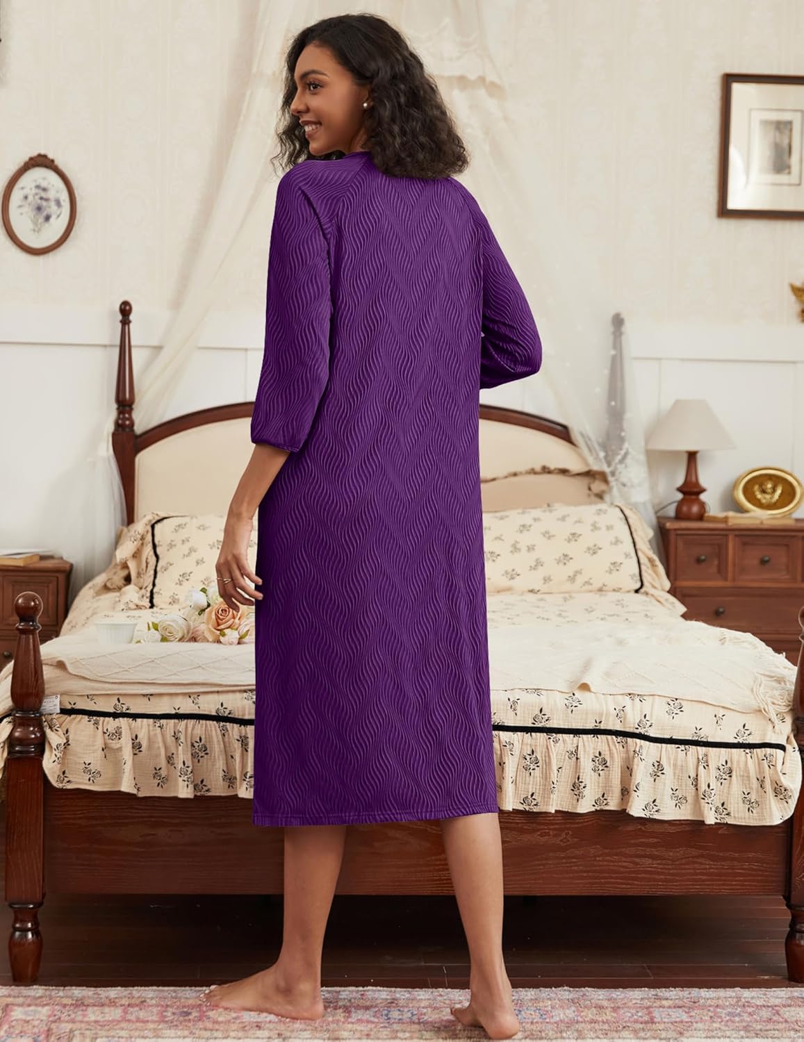 Ekouaer Zipper Robes for Women Ribbed Knit Bathrobe Lightweight Full Length Loungewear with Pockets S-3XL