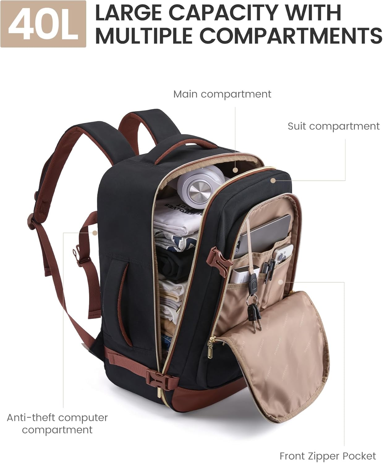 Alternative view of LOVEVOOK 40L Travel Backpack for Women Men with Garment Bag, Airline Approved Carry on Luggage Travel Essentials with 3 Packing Cubes, TSA Overnight Bags Weekender Essentials Backpacks fits 17" Laptop