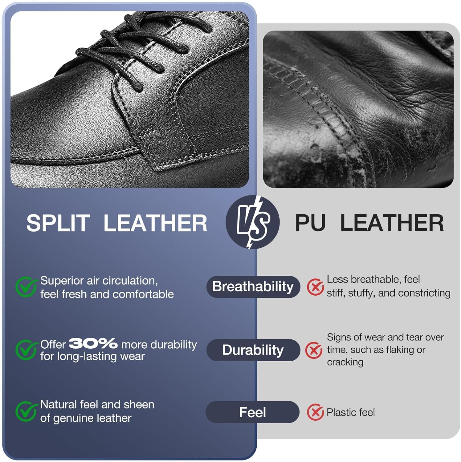 Alternative view of HEEZ Mens Dress Shoes Black, Split Leather Oxford Shoes for Men Comfortable, Square Toe Casual Business Shoes Lace Up