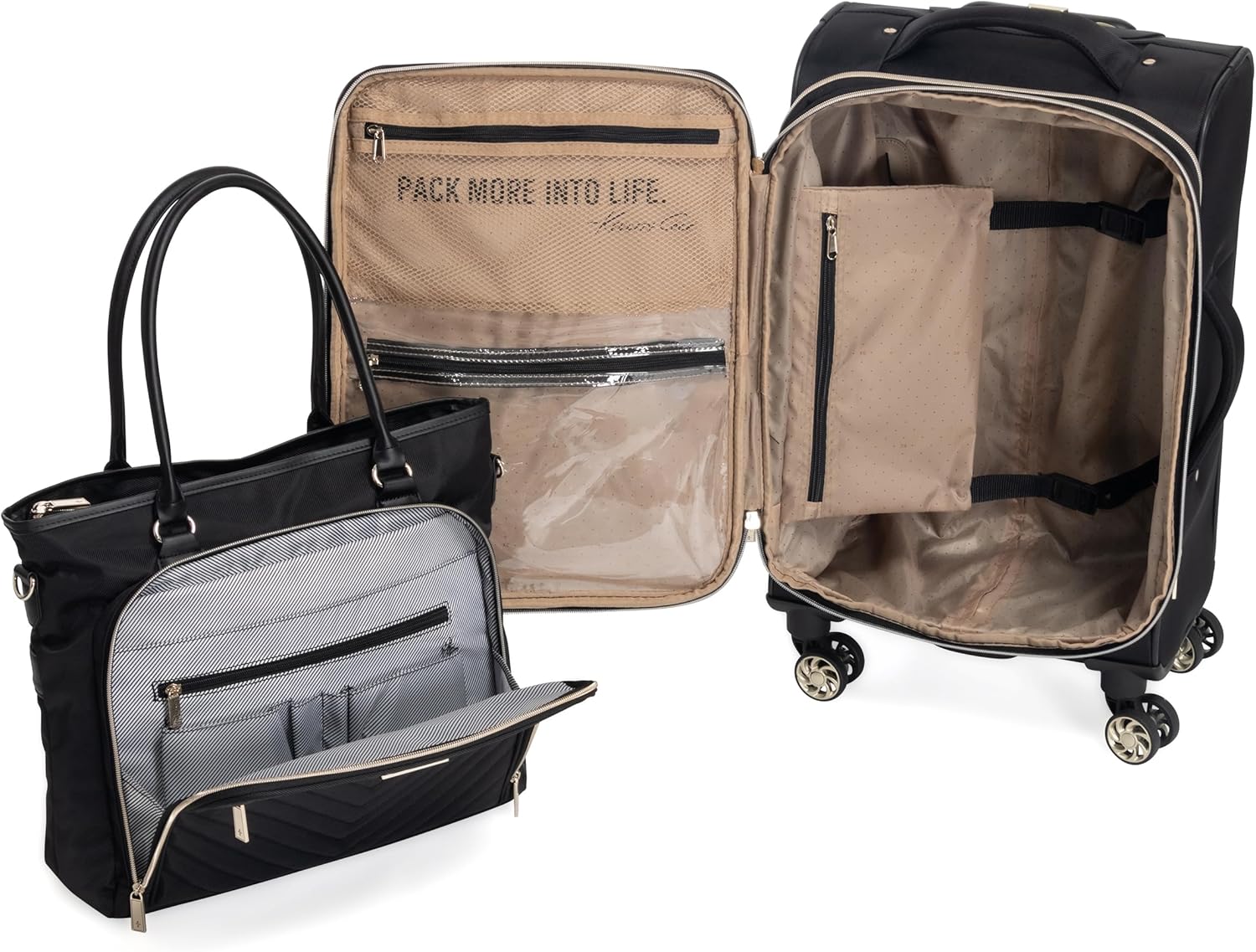 Kenneth Cole REACTION Chelsea 2-Piece Bundle - 20" Chevron Expandable 8-Wheel Carry-On Suitcase & Matching 15" Laptop Tote Bag, Black