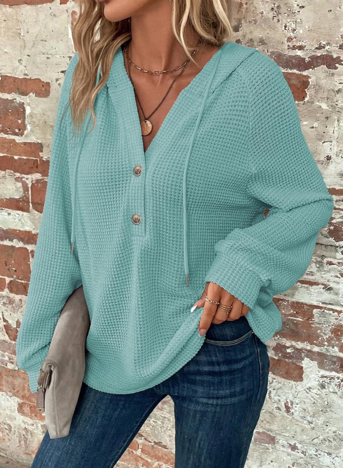 Alternative view of Dokotoo Hoodies for Women Waffle Knit Long Sleeve Drawstring Button V Neck Casual Pullover Sweatshirt Hooded Tops