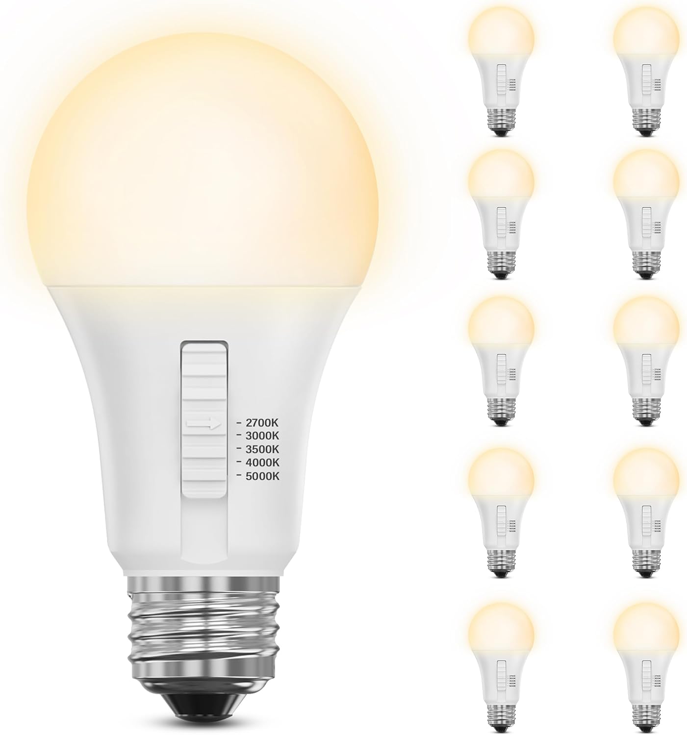 Feit Electric A19 LED Light Bulb, 60W Replacement, Dimmable, Selectable Color Temperatures (2700K-5000K), 800 Lumens, General Purpose Light Bulbs, 15,000-Hour Lifetime, OM60DM/5CCTCA/LED/ 10 Pack