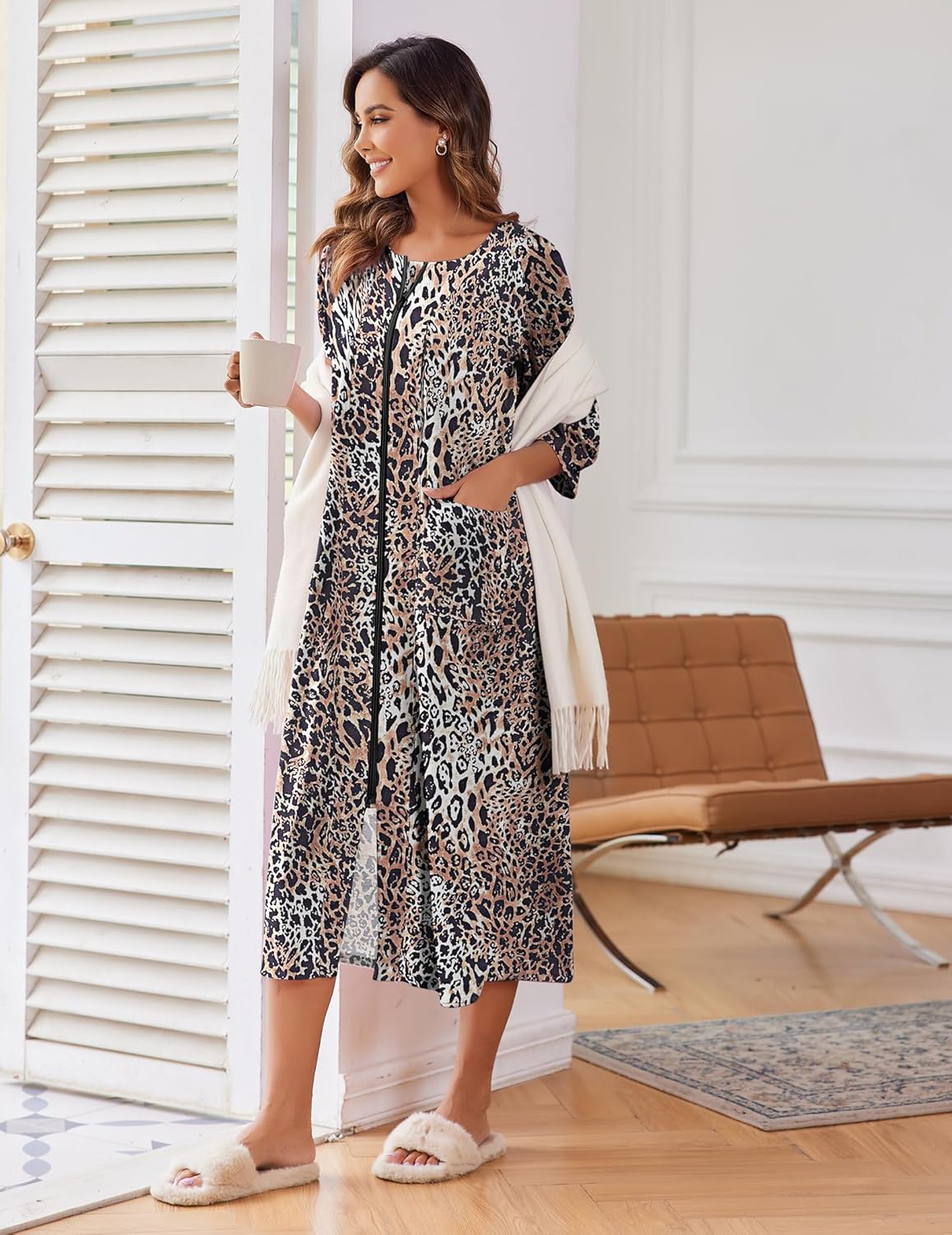 Alternative view of Ekouaer Women's Zipper Robe 3/4 Sleeve Housecoats Full Length House Dress Loungewear Long Nightgown with Pockets