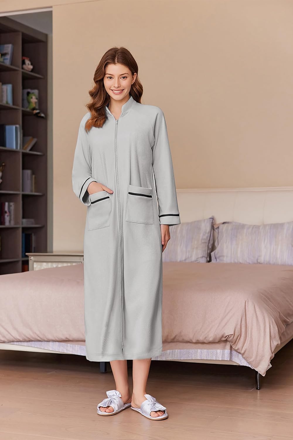 Alternative view of Ekouaer Women's Zipper Robes Long Sleeve Loungewear Knee Length Housecoat Fleece Bathrobe with Pockets S-XXL