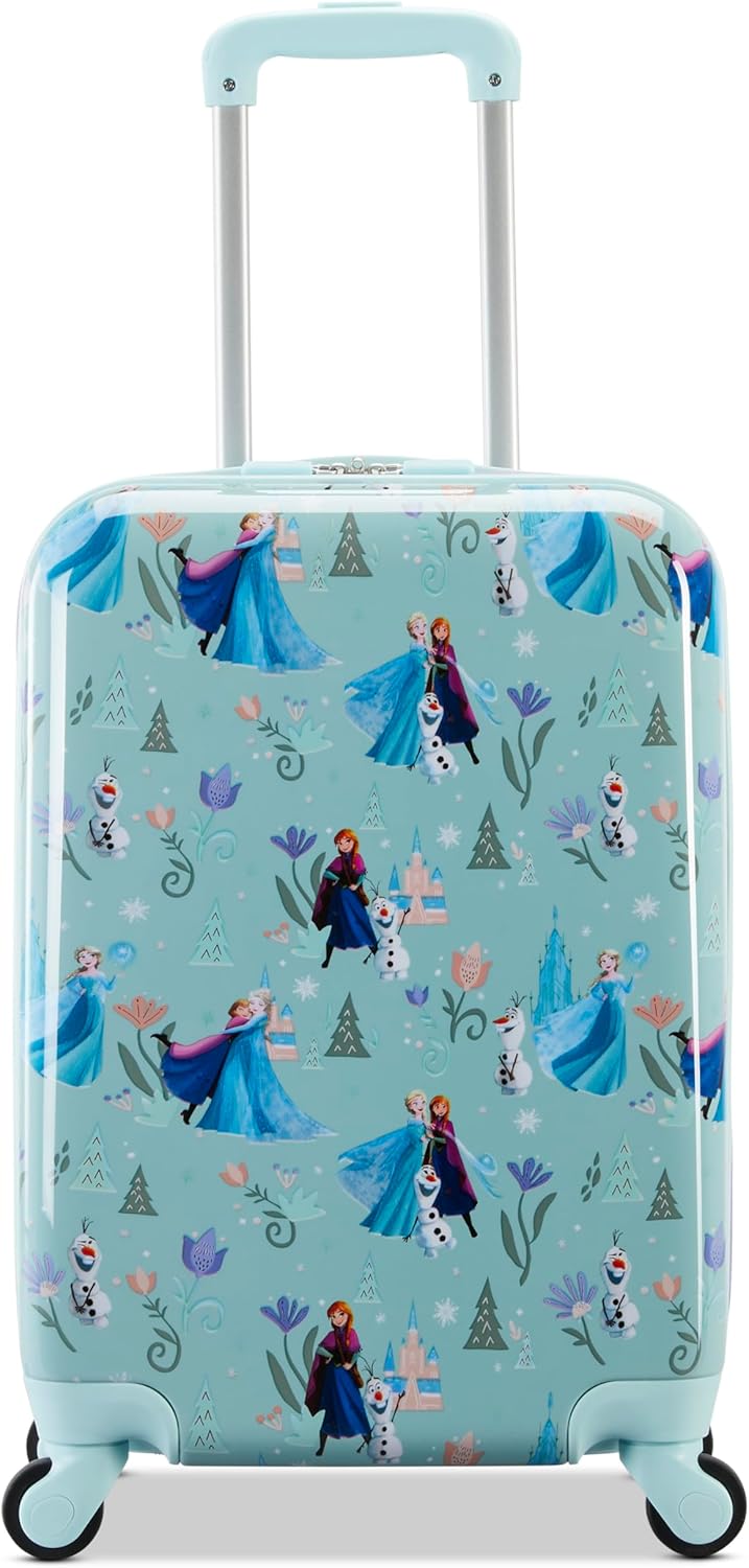 American Tourister Disney Frozen Carry-On Luggage - Airline Approved, Durable Hardshell with Favorite Frozen Characters - Roll Confidentially with Spinner Wheels & Colorful Adjustable Handle
