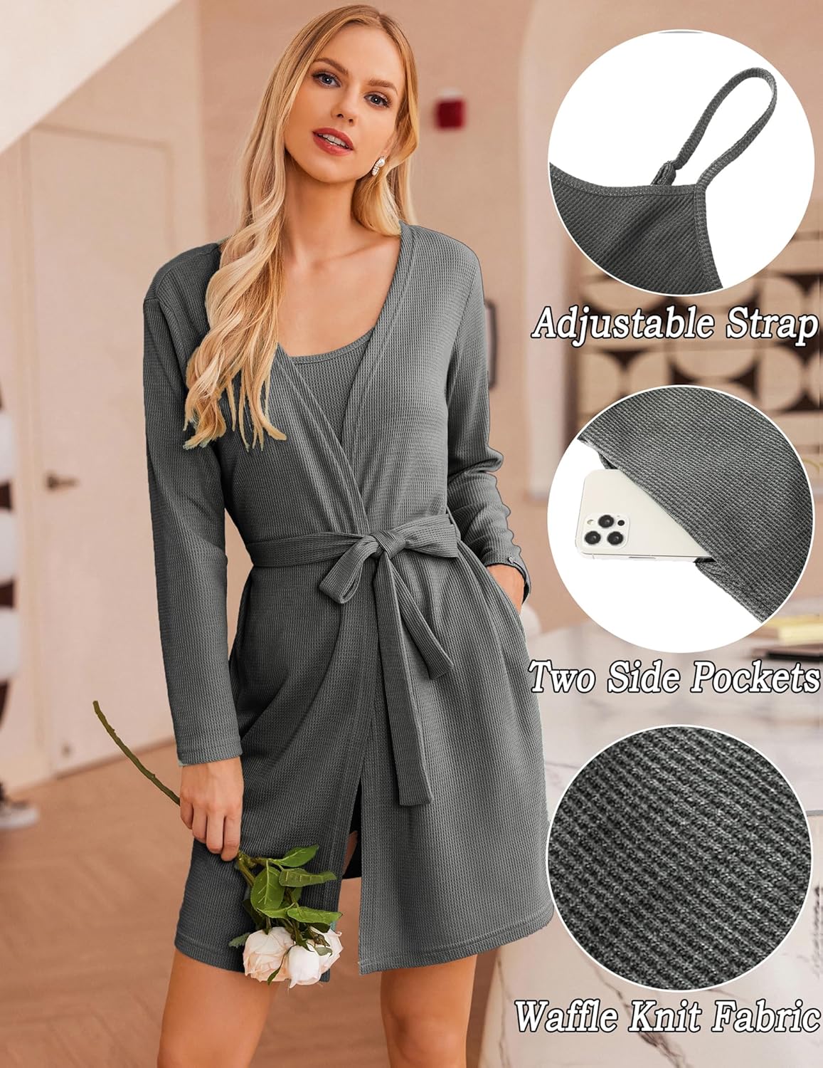 Ekouaer Pajamas for Women Set 3 Piece Lounge Set Soft Pajama Sets Waffle Knit Tank Top and Shorts Cardigan with Pockets S-XXL