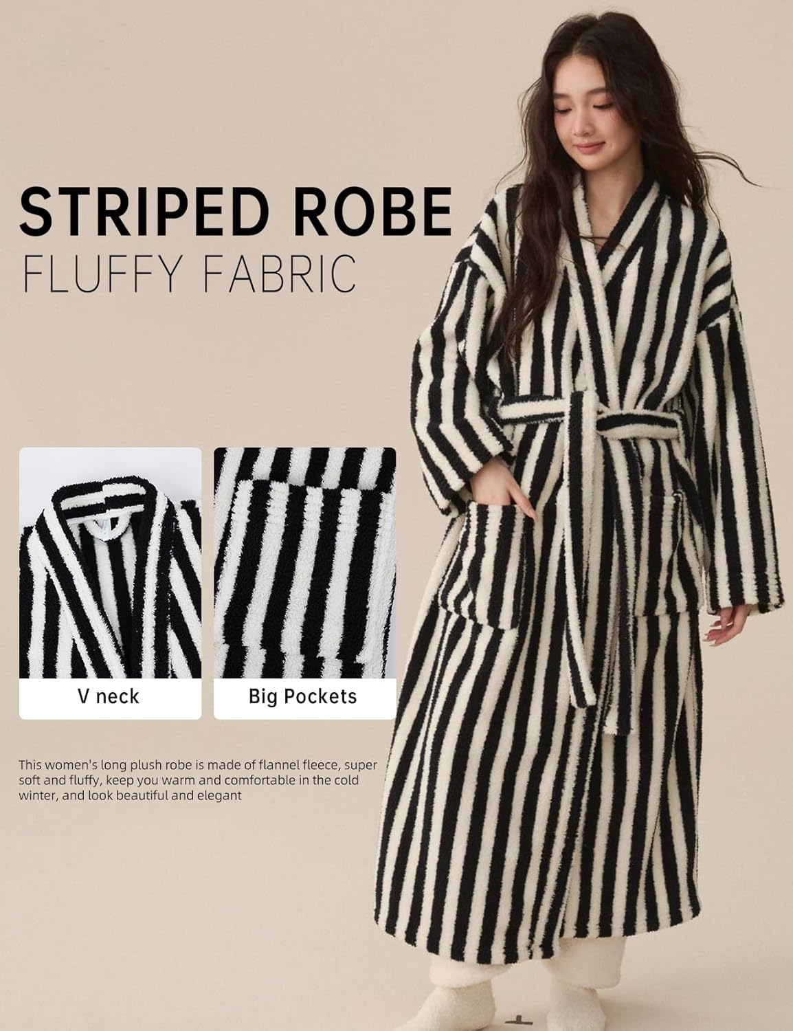 Gihuo Womens Striped Robe Fluffy Long Plush Bathrobes Fuzzy Warm Cozy Thick Oversized Loungewear Maxi Robe
