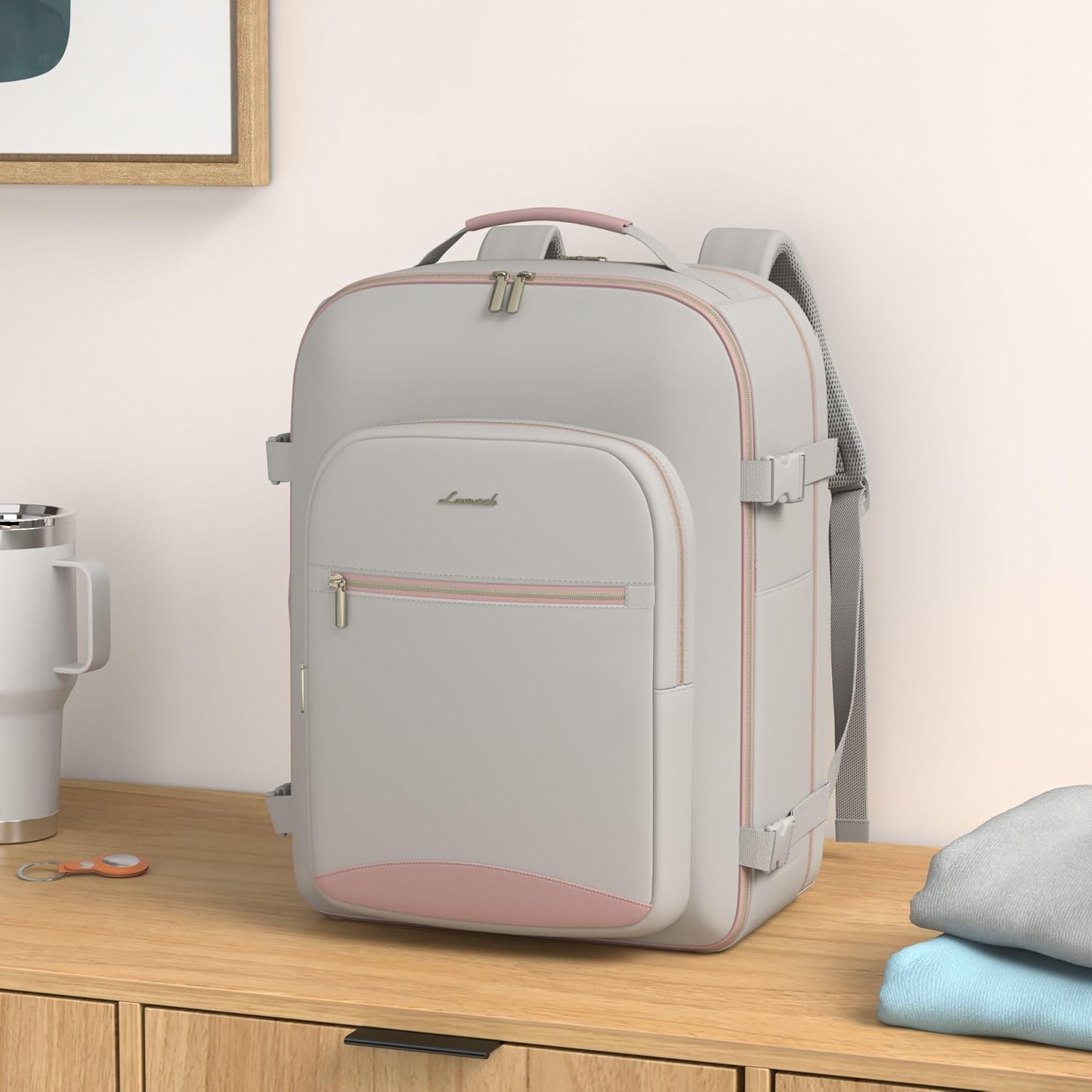 LOVEVOOK Travel Backpack for Women & Men 40L,Airline Approved Carry On Backpack Travel Essentials,TSA Carry on Luggage,Waterproof Personal Item Travel Bag,Suitcase with 3 Packing Cubes,Light gray-Pink