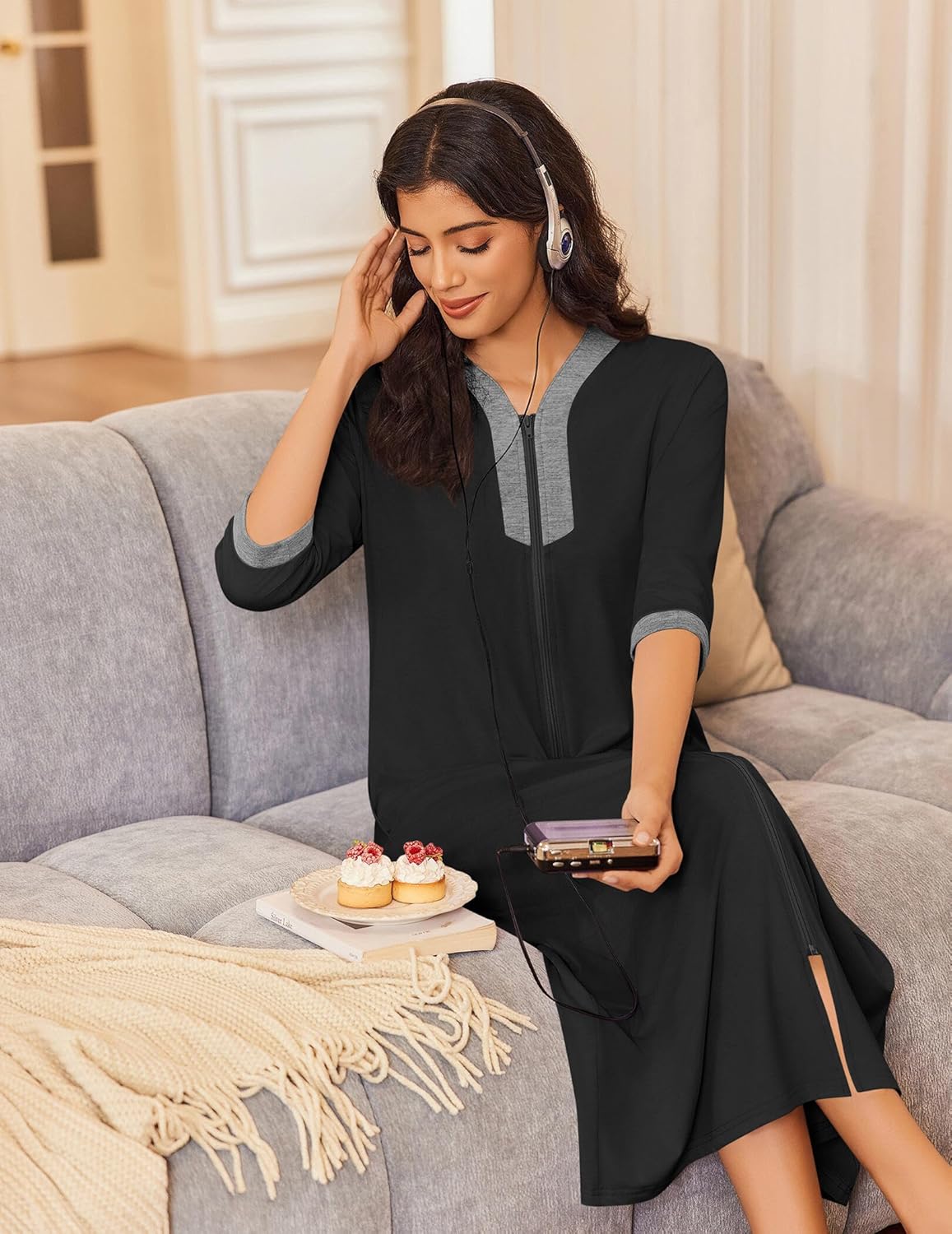 Alternative view of Ekouaer Women's Zipper Robe 3/4 Sleeves Housecoat Full Length Nightgown Soft Loungewear Robe with Pockets S-3XL