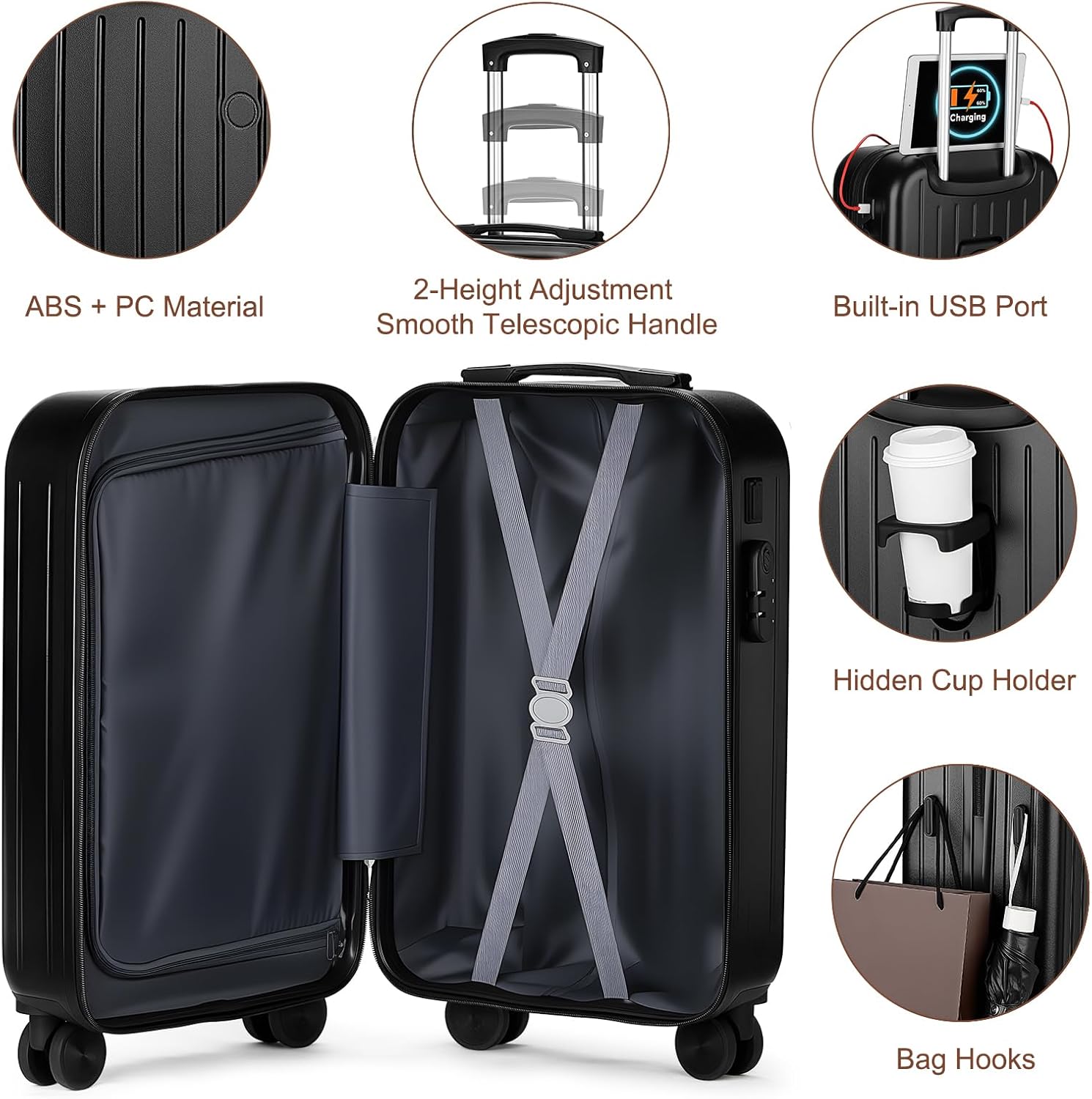 Yorige Luggage Sets for Women Men 4 Piece - Carry on Hardside Suitcase 20inch with USB Port, 360° Spinner Wheels, Duffel Bag, Cup Holder, Lightweight Luggage Set for Travel Vacation