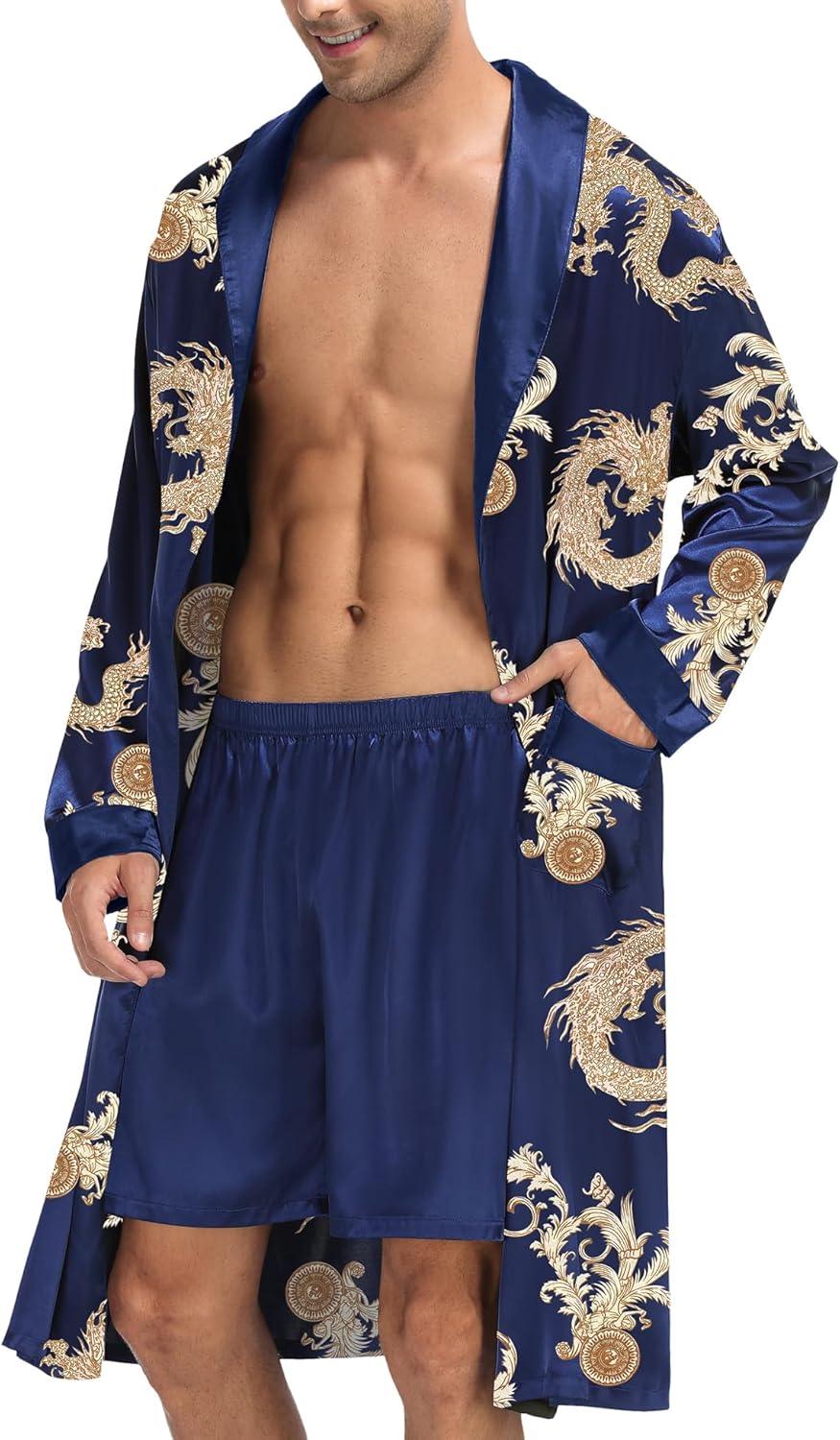 Alternative view of SWOMOG Men's Satin Robe with Shorts Set Silky Kimono Bathrobe Lightweight Soft Sleepwear