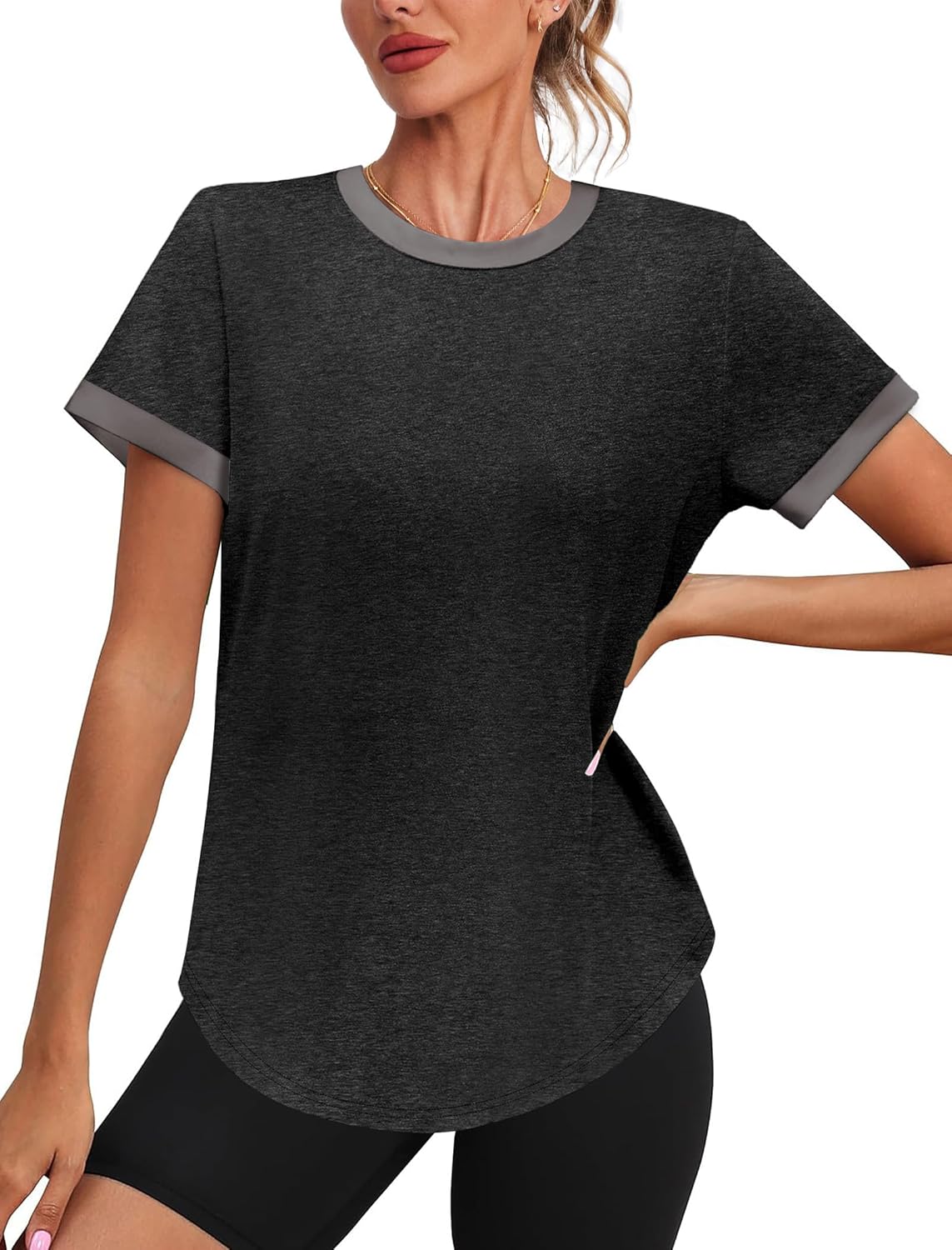 Womens Workout Tops Summer Short Sleeve Shirts Athletic Color Block Gym Clothes Outfits Sun Protection UPF 50+ T Shirts