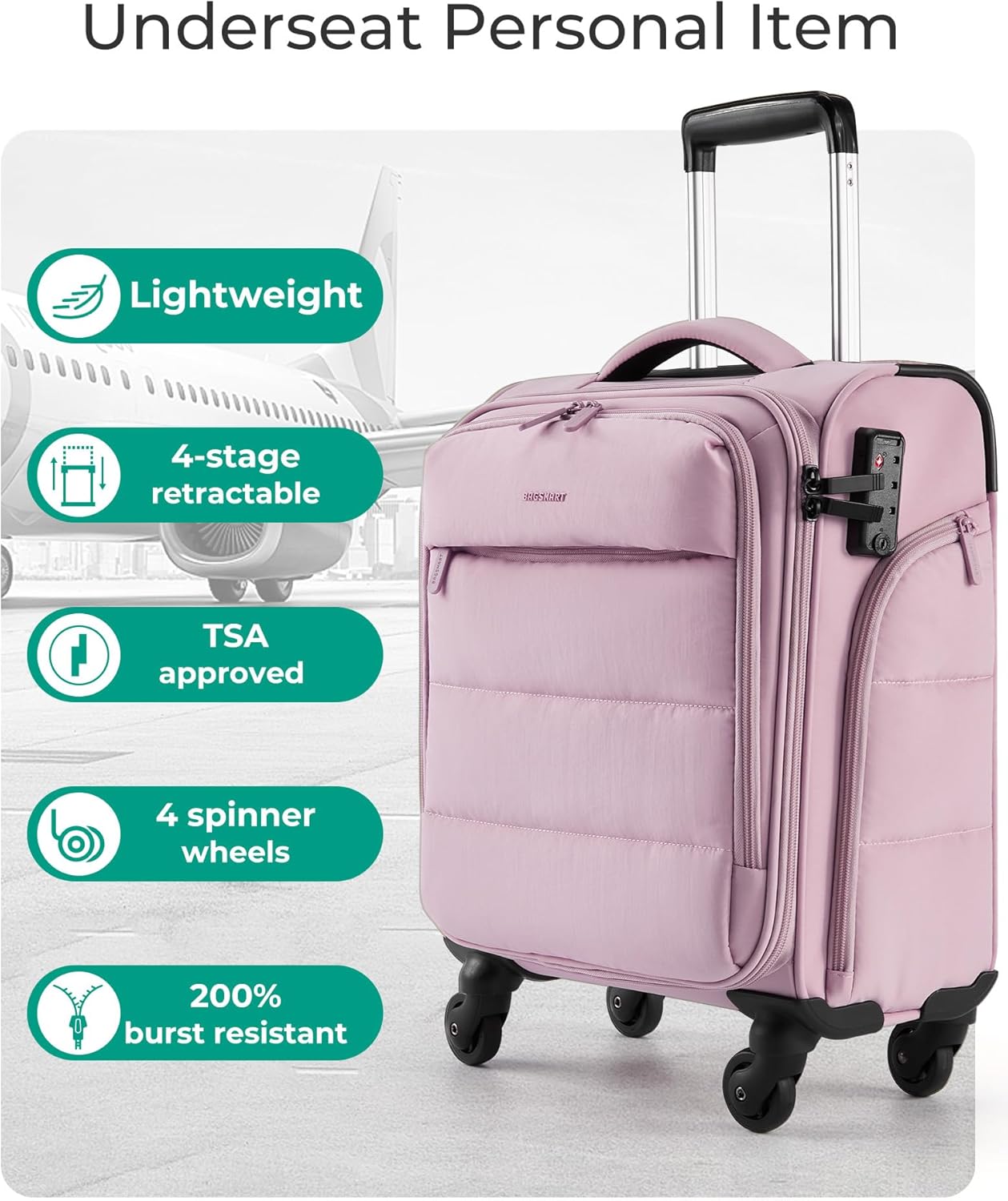 Alternative view of BAGSMART Underseat Carry on Luggage with Wheels, Soft Underseat Travel Luggage with PVC Wet/Dry Pockets, Lightweight Soft Personal Item Suitcase for Short Trip, Pinkish Purple