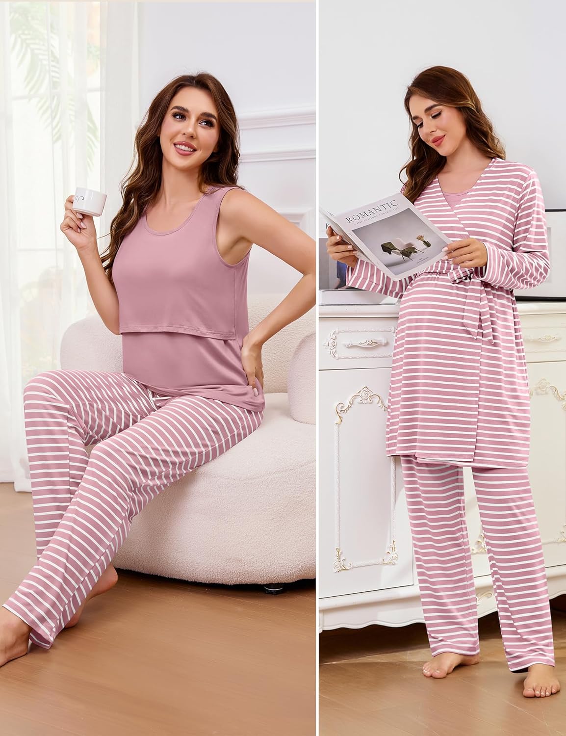 SWOMOG Maternity Nursing Robe Set 3 PCS Women Postpartum Pajamas Breastfeeding Labor Delivery Hospital Pregnancy Pjs