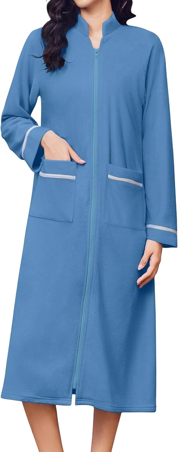 Ekouaer Women's Zipper Robes Long Sleeve Loungewear Knee Length Housecoat Fleece Bathrobe with Pockets S-XXL - Image 9