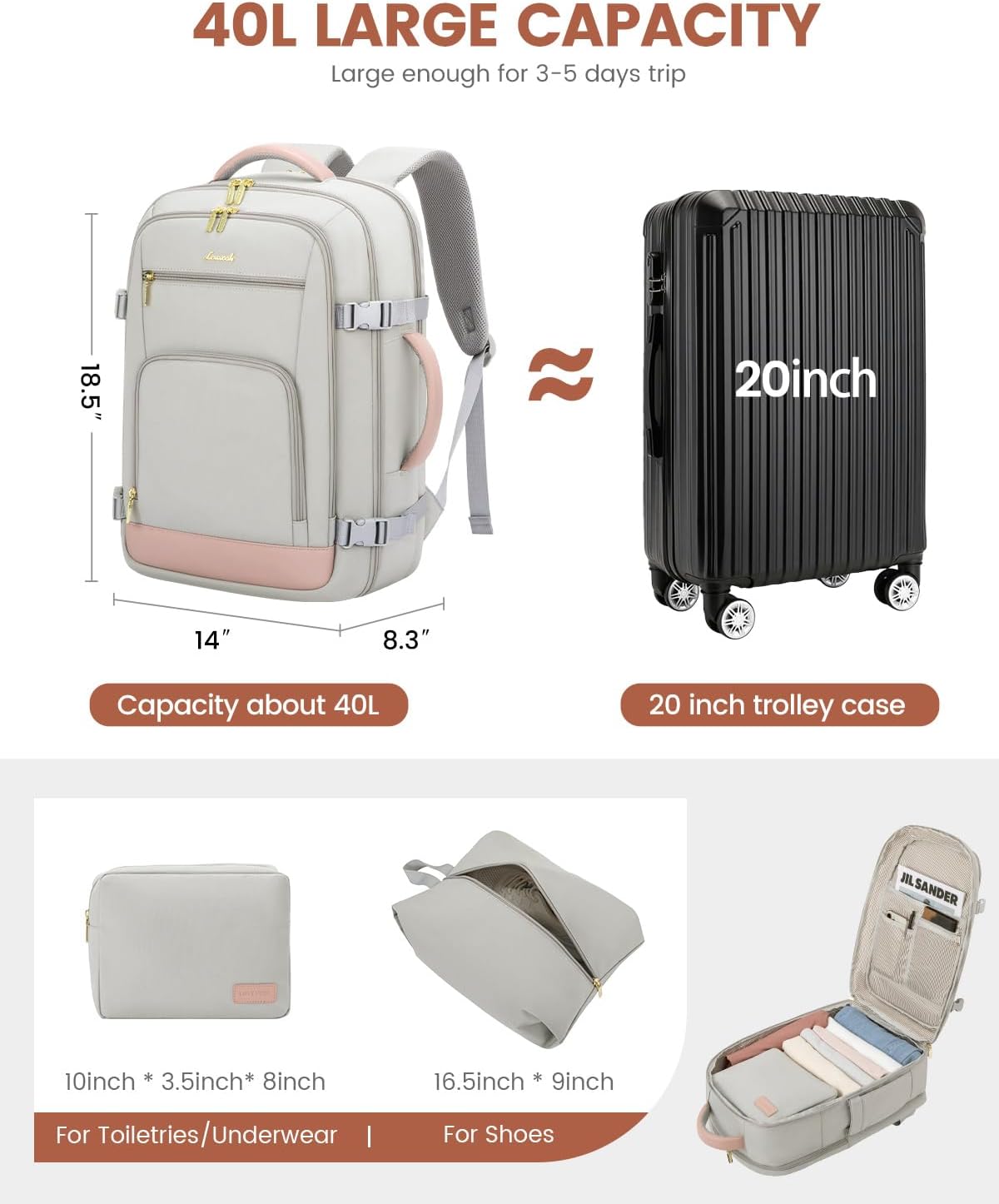 Alternative view of LOVEVOOK Travel Backpack For Women, 40L Carry On Backpack Flight Approved, TSA Personal Item Travel Bag Fits 17 Inch Laptop, Business Weekender Overnight Waterproof Daypack With 2 Cubes, Grey-Pink