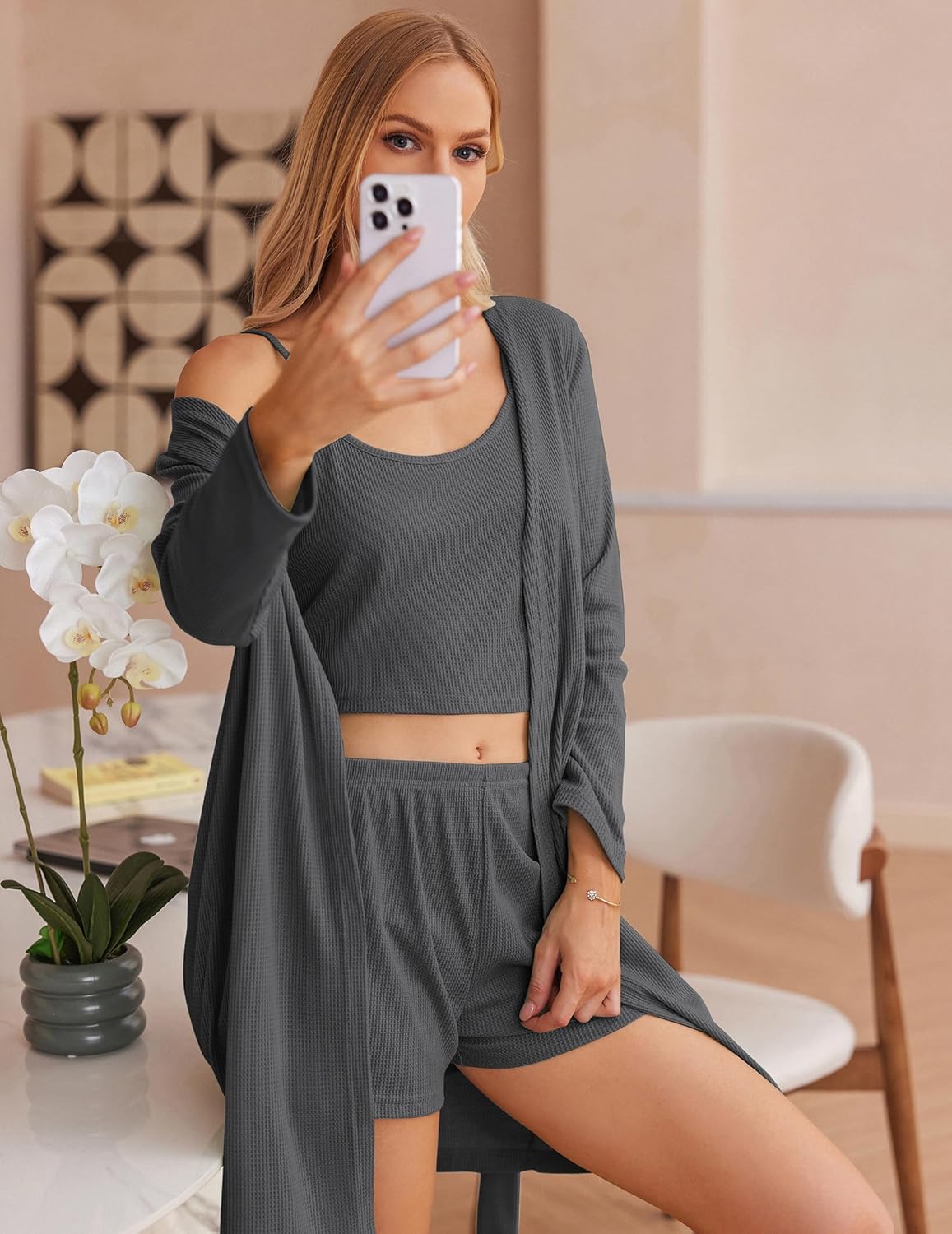 Alternative view of Ekouaer Pajamas for Women Set 3 Piece Lounge Set Soft Pajama Sets Waffle Knit Tank Top and Shorts Cardigan with Pockets S-XXL