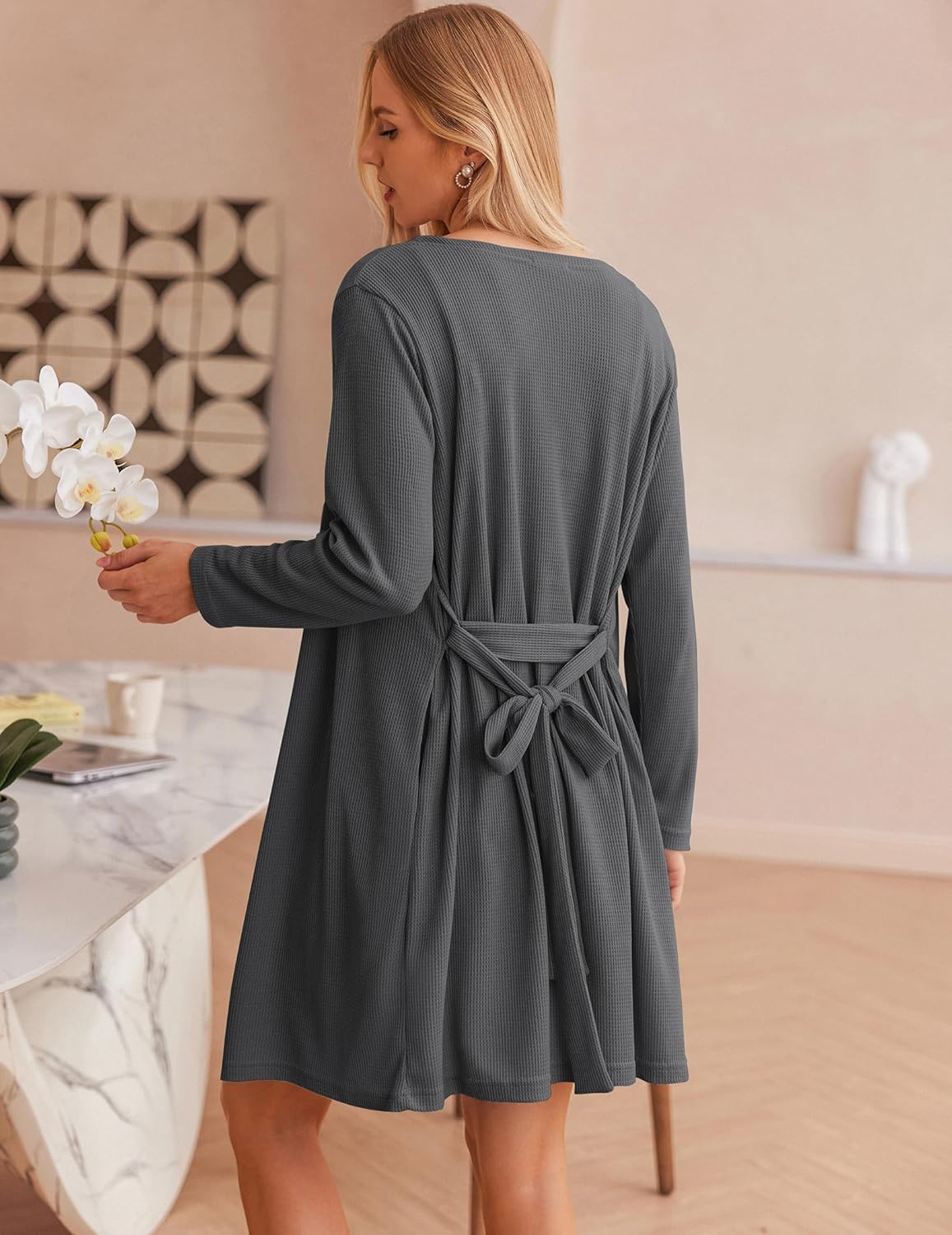 Ekouaer Pajamas for Women Set 3 Piece Lounge Set Soft Pajama Sets Waffle Knit Tank Top and Shorts Cardigan with Pockets S-XXL - Image 4