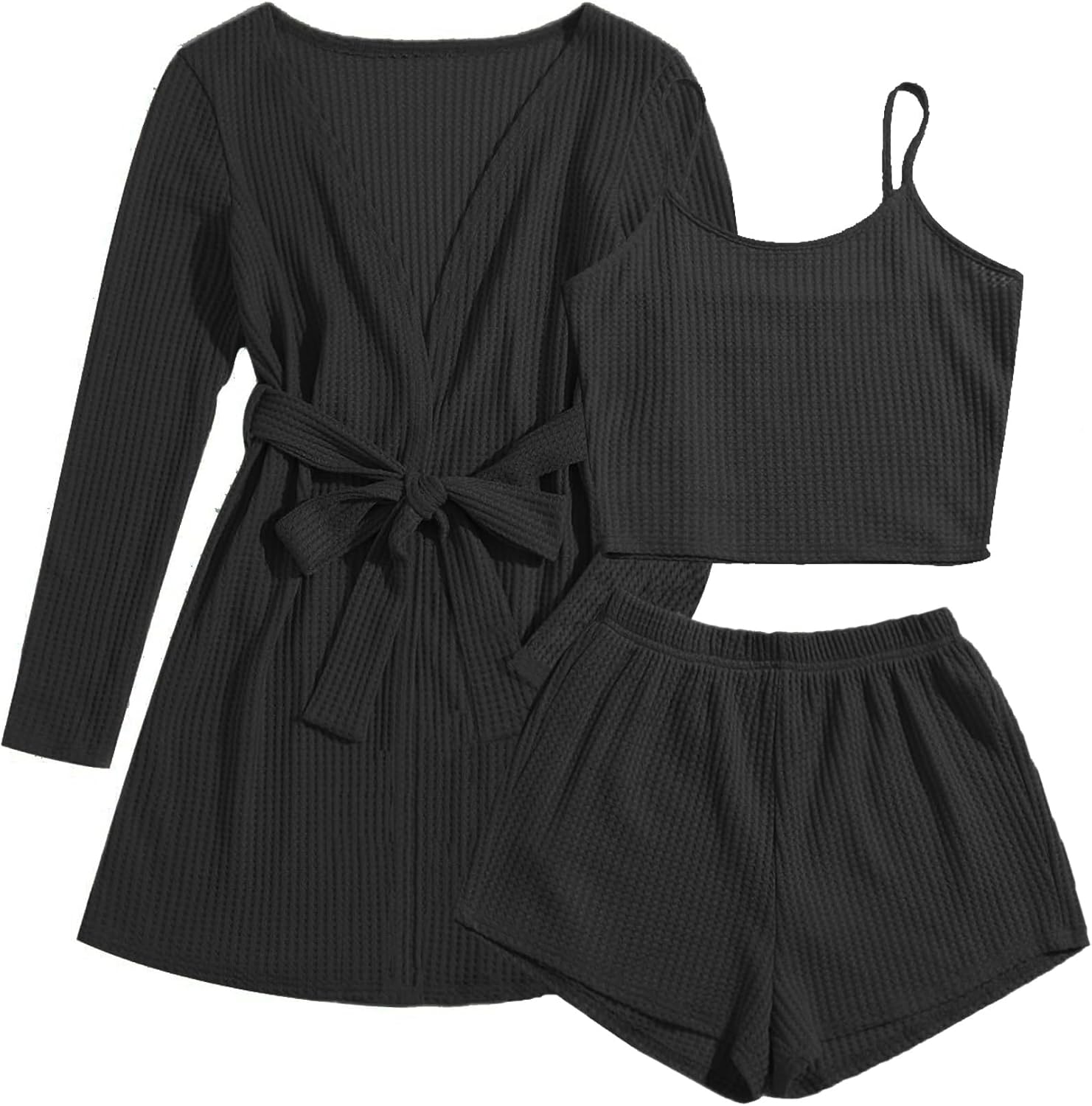 Ekouaer Pajamas for Women Set 3 Piece Lounge Set Soft Pajama Sets Waffle Knit Tank Top and Shorts Cardigan with Pockets S-XXL - Image 6