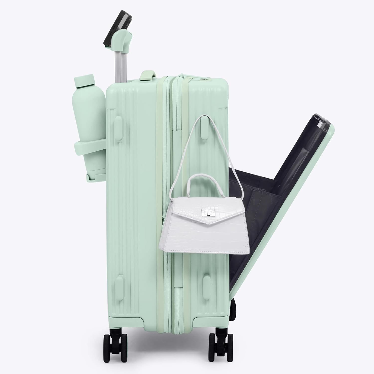 Nobl Travel Carry On Expandable Luggage, Noble Aluminum Frame PC Hard Shell Suitcase, 22.5u201Dx14.2u201Dx9.8u201D Airline Approved, 360° Spinner Wheels, TSA Locks, USB Charging, Cup & Phone Holder - Mint