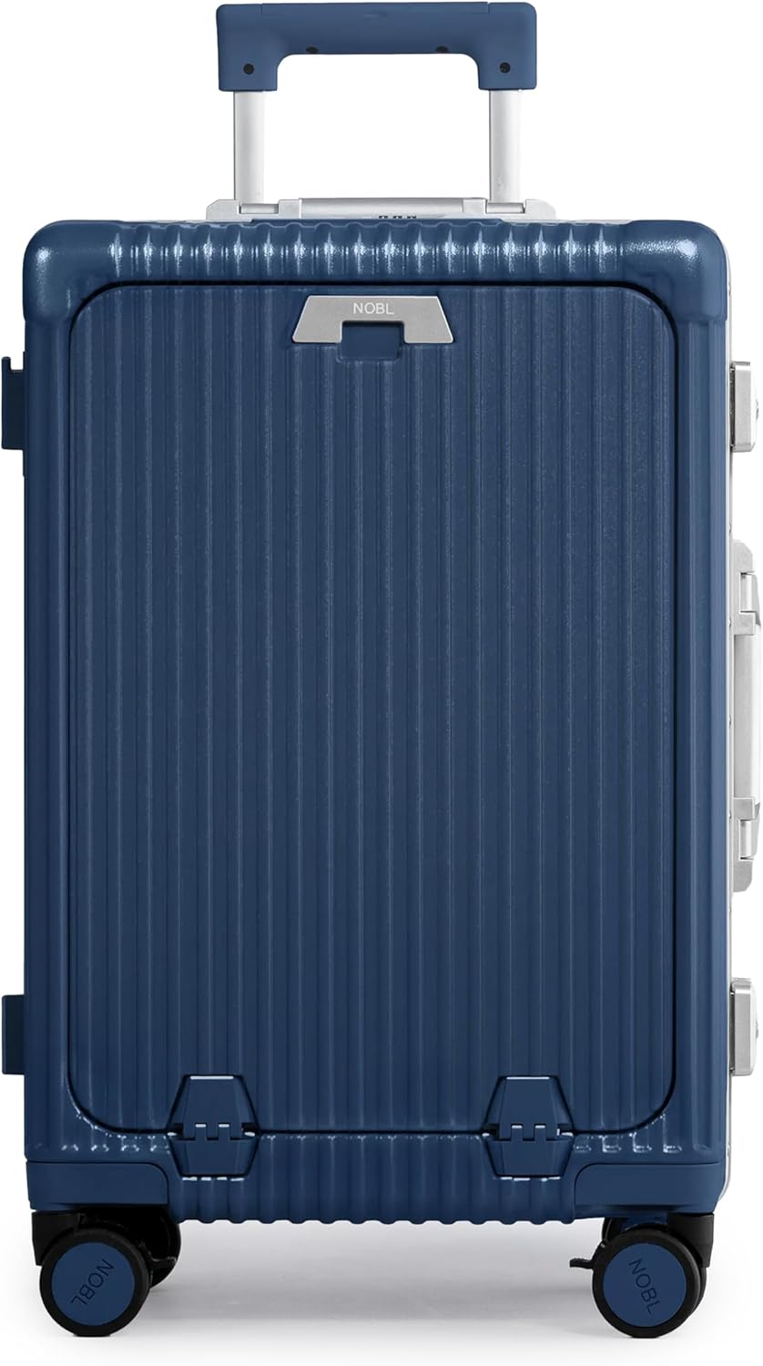 Nobl Travel Carry On Luggage, Noble Zipperless Aluminum Frame PC Hard Shell Suitcase, 20.8"x15"x8.7" Airline Approved, 360° Spinner Wheels, TSA Locks, USB Charging, Cup & Phone Holder - Midnight Blue
