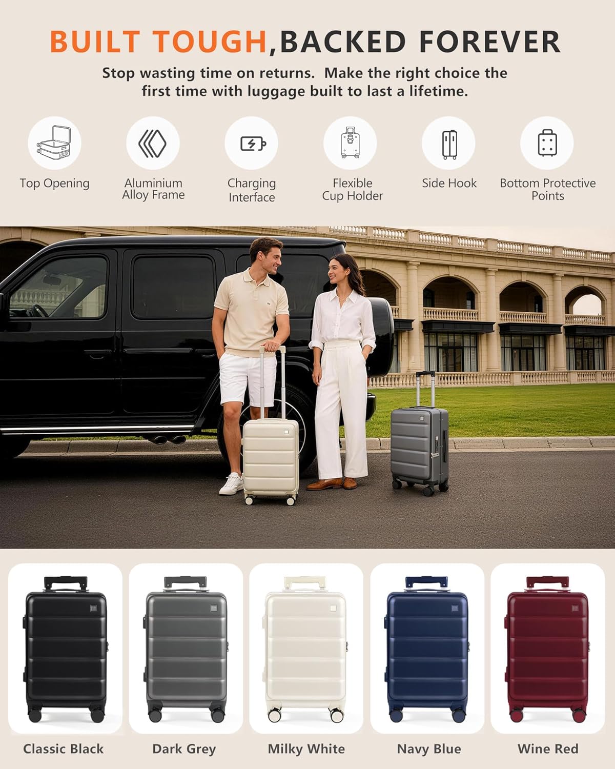 ISLAND ELEPHANT 20IN Carry On Luggage Airline Approved - Top Opening Aluminum Frame Hardside Travel Suitcase Unbreakable -with Cup Holder,USB Charge,Side Pothook, 360°Spinner Wheels,TSA-Navy Blue