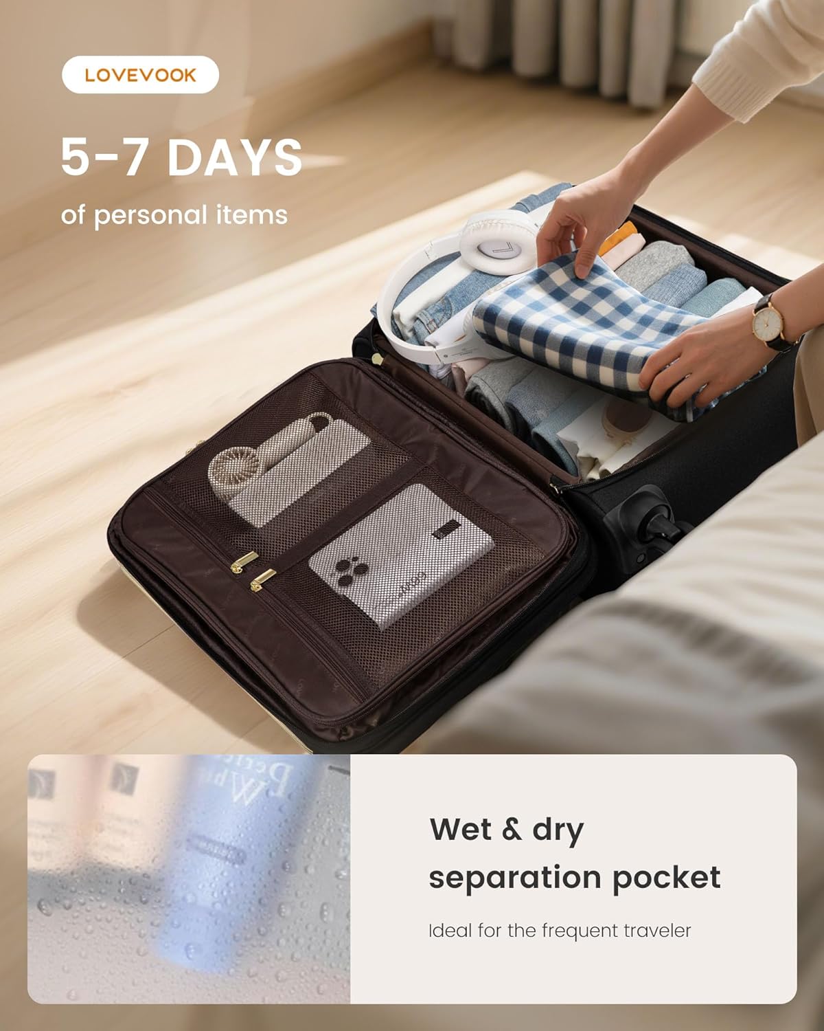 Alternative view of LOVEVOOK Carry on Suitcase 22x14x9 Airline Approved,20 inch Lightweight Waterproof Suitcases with 360° silent swivel wheels, TSA Lock and Compartment, Large Capacity travel Suitcase Black-gray-brown