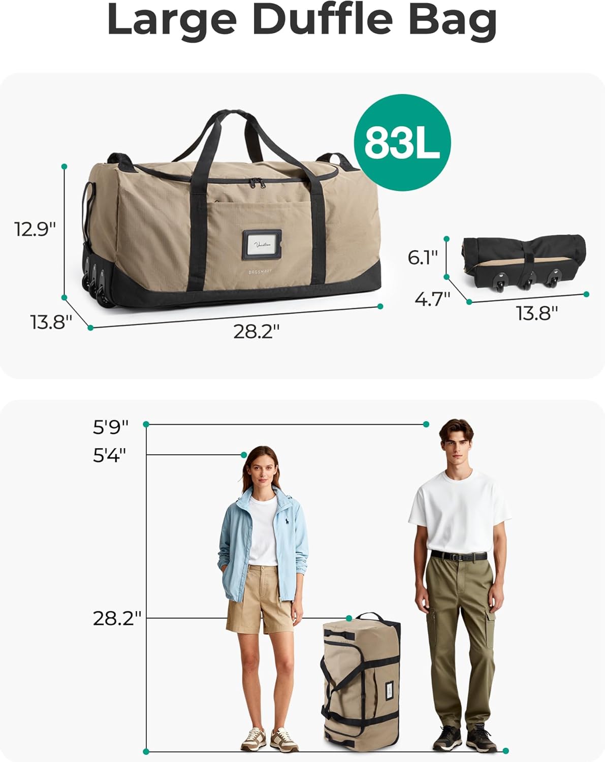 BAGSMART 83L Foldable Travel Bag, Large Duffle Bag for Travel, Duffel Luggage Bag for Sport College Camping, Water Resistant, Black