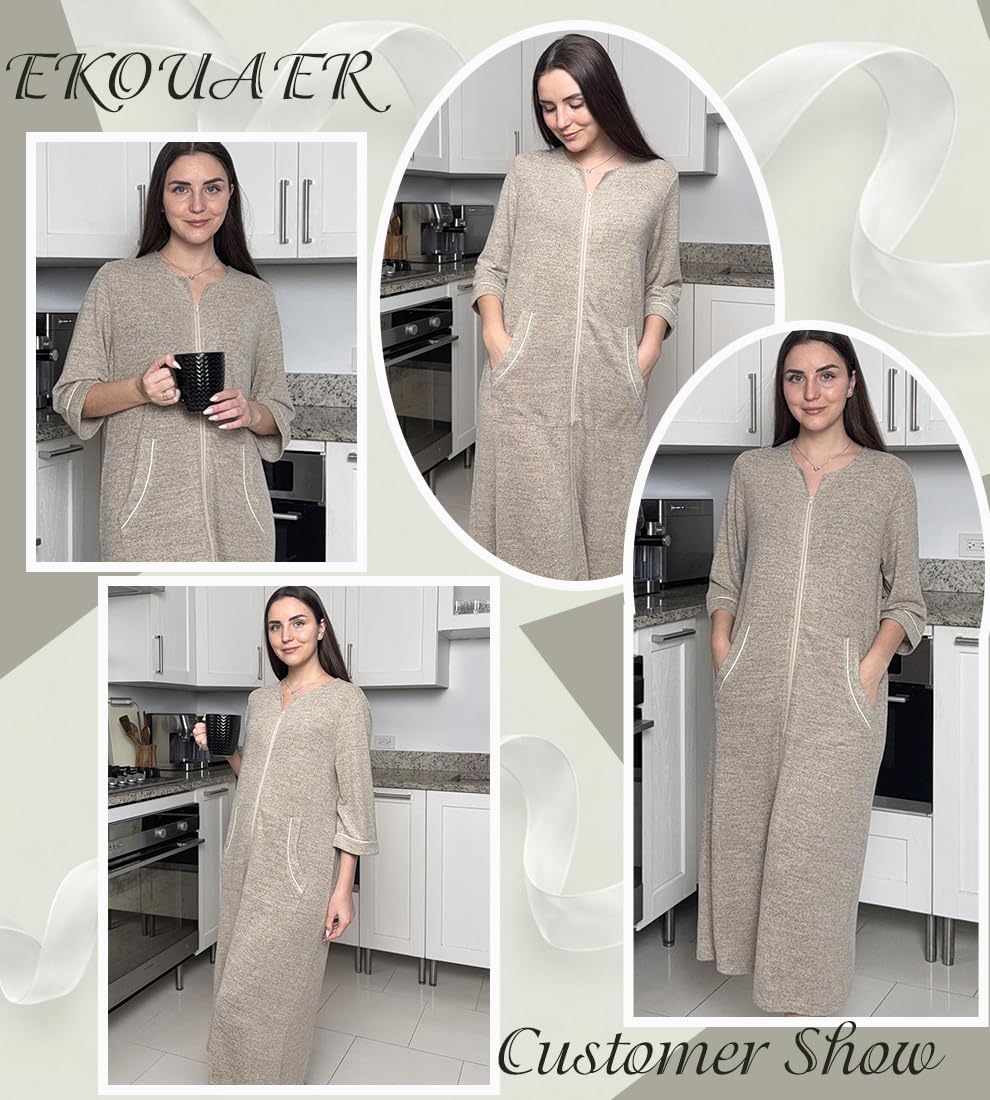 Ekouaer Zipper Robes for Women 3/4 Sleeve Bathrobe Lightweight House Coats for Women with Pockets Long Moo Moo Nightgown