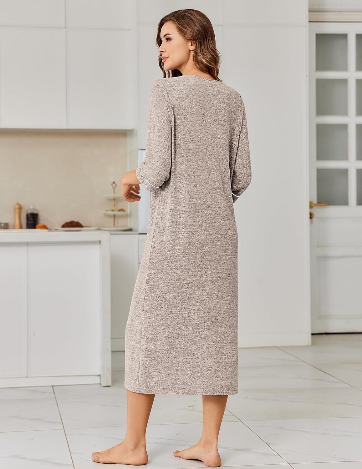 Ekouaer Zipper Robes for Women 3/4 Sleeve Bathrobe Lightweight House Coats for Women with Pockets Long Moo Moo Nightgown - Image 3