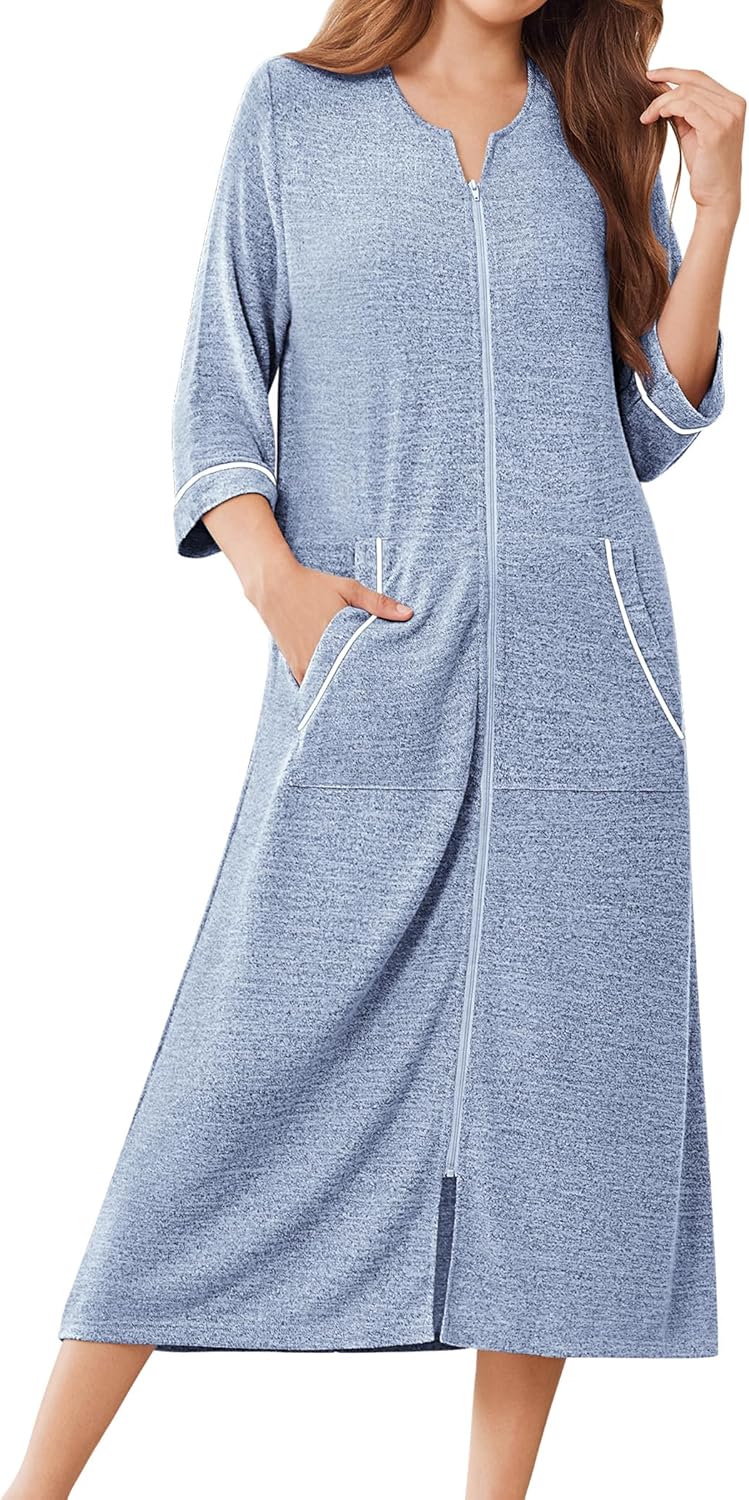 Ekouaer Zipper Robes for Women 3/4 Sleeve Bathrobe Lightweight House Coats for Women with Pockets Long Moo Moo Nightgown - Image 5