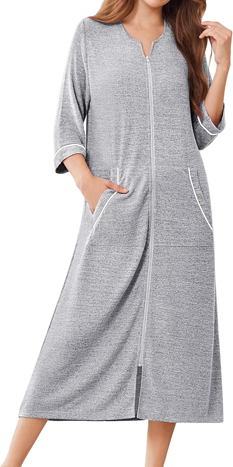Ekouaer Zipper Robes for Women 3/4 Sleeve Bathrobe Lightweight House Coats for Women with Pockets Long Moo Moo Nightgown - Image 6