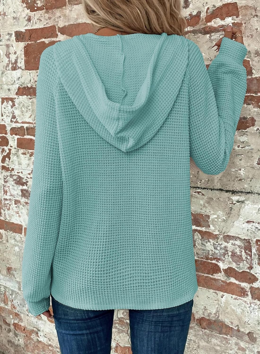 Dokotoo Hoodies for Women Waffle Knit Long Sleeve Drawstring Button V Neck Casual Pullover Sweatshirt Hooded Tops