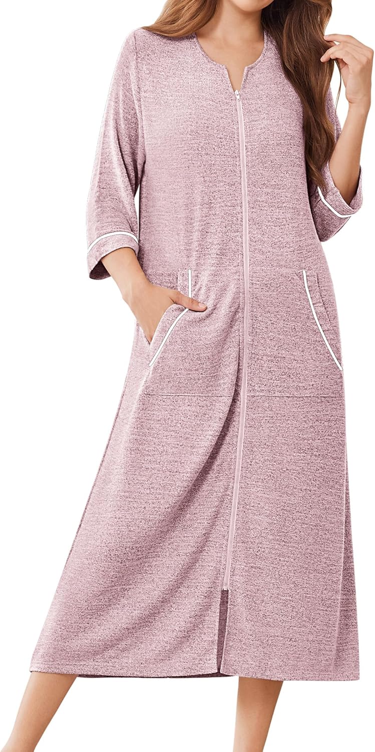 Ekouaer Zipper Robes for Women 3/4 Sleeve Bathrobe Lightweight House Coats for Women with Pockets Long Moo Moo Nightgown - Image 7