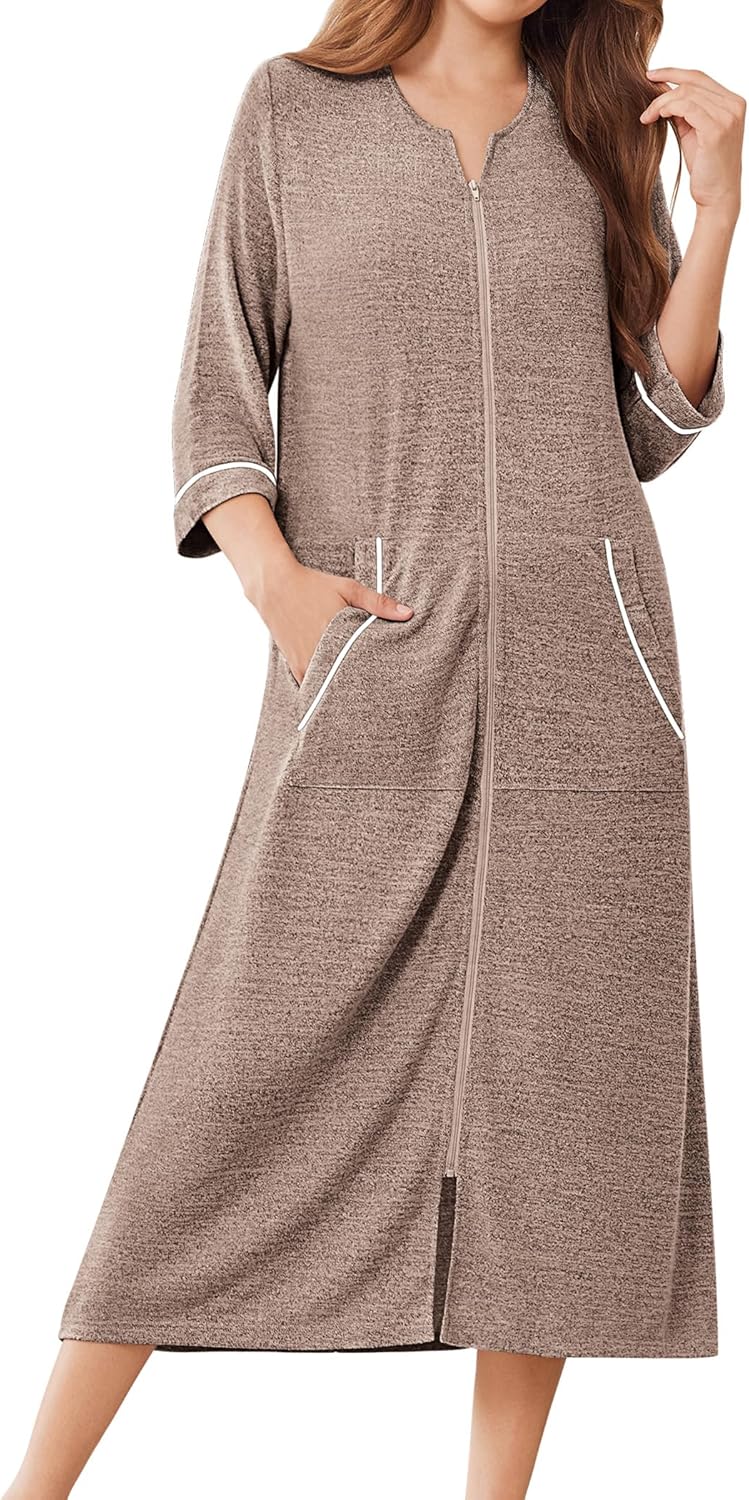 Ekouaer Zipper Robes for Women 3/4 Sleeve Bathrobe Lightweight House Coats for Women with Pockets Long Moo Moo Nightgown - Image 8
