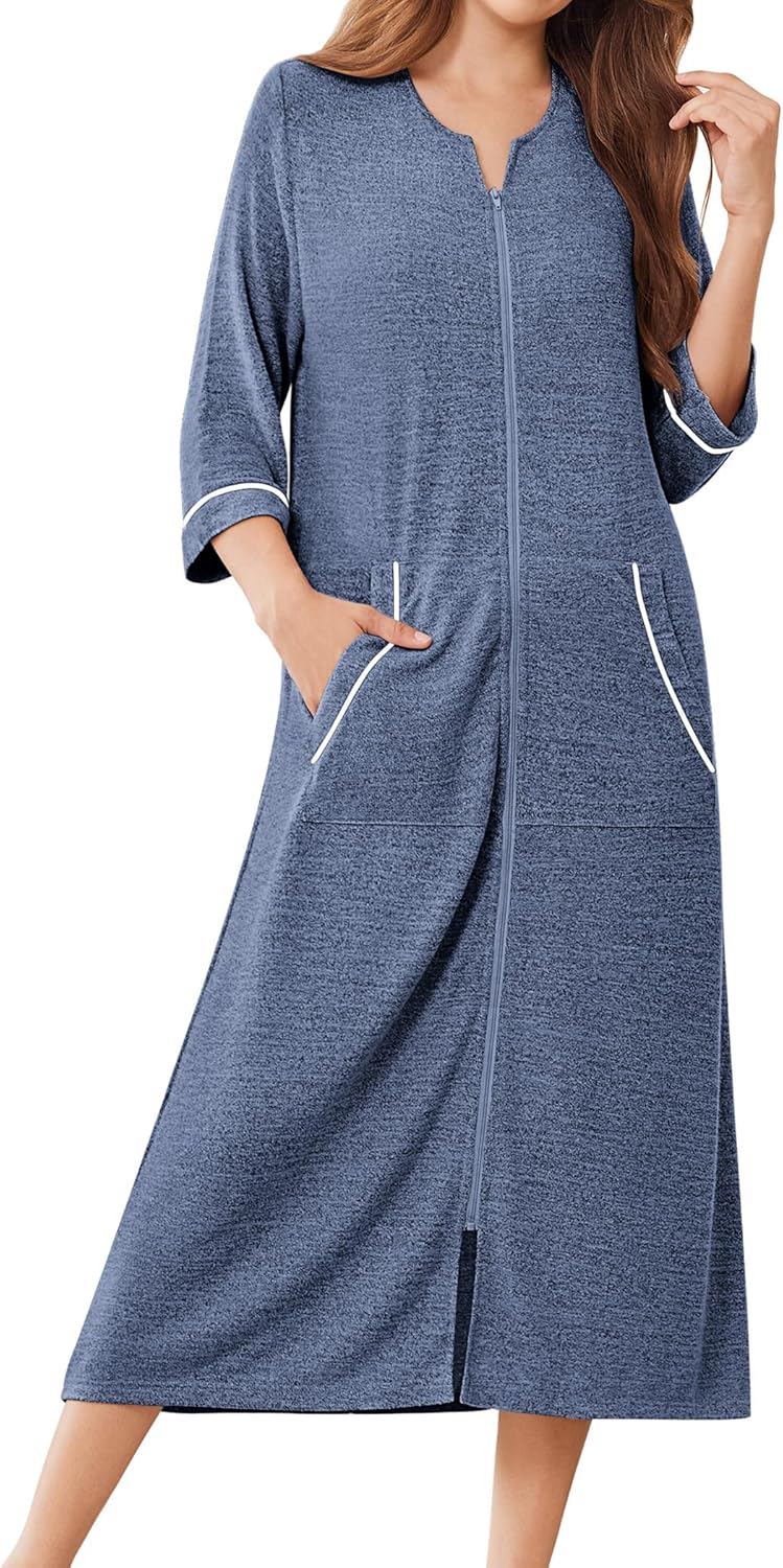 Ekouaer Zipper Robes for Women 3/4 Sleeve Bathrobe Lightweight House Coats for Women with Pockets Long Moo Moo Nightgown - Image 9