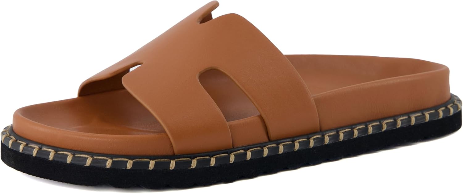 CUSHIONAIRE Crisp Womenu2019s Slide Sandal u2013 Faux Leather Cutout Slip-On with Artisan Stitching & Memory Foam, Wide Widths Available