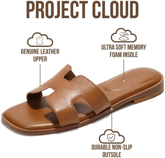 Project Cloud 100% Genuine Leather Sandals for Women 2026 - Fashion Flat Womens Sandals with Memory Foam Insole Slides Sandals Women Footwear - Mules Women's Sandals (Jannel)