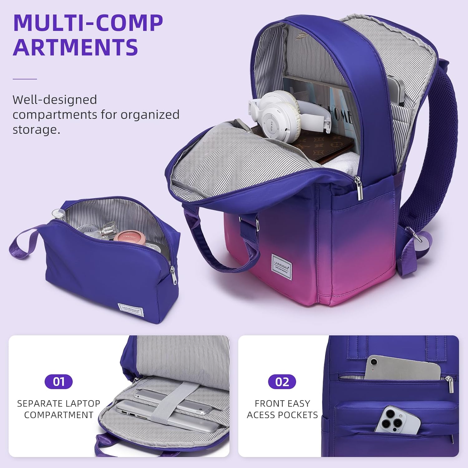 LARVENDER Carry on Luggage 22x14x9 Airline Approved Hardshell Suitcase with Wheels TSA Lock, PC+ABS Lightweight Suitcase Set for Women with Travel Backpack, Midnight Berry, 3 Piece Set - Image 3