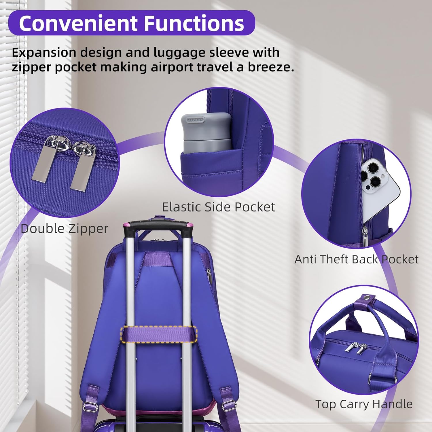 LARVENDER Carry on Luggage 22x14x9 Airline Approved Hardshell Suitcase with Wheels TSA Lock, PC+ABS Lightweight Suitcase Set for Women with Travel Backpack, Midnight Berry, 3 Piece Set - Image 5