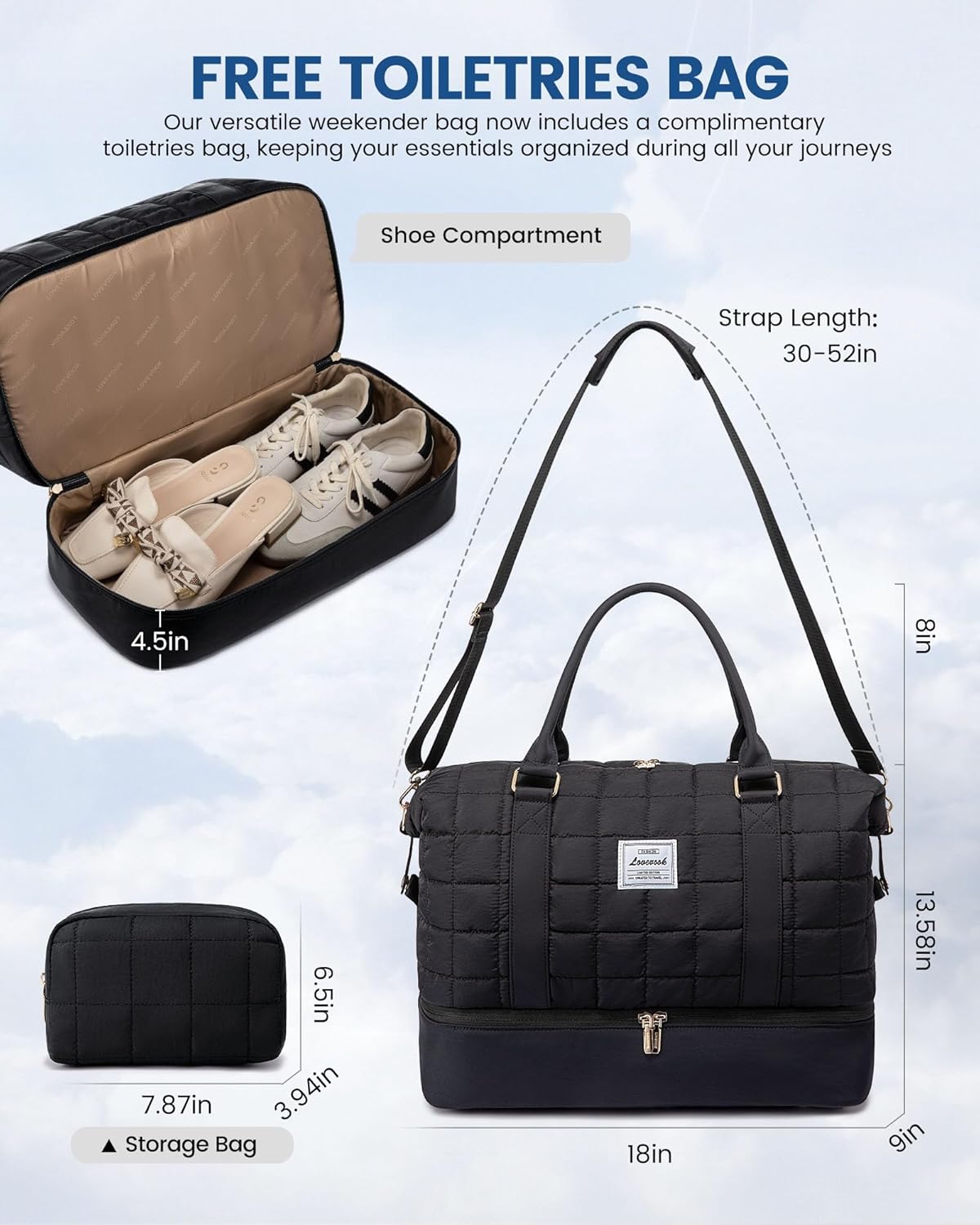 LOVEVOOK Large Duffle Bag for Travel, Puffer Weekend Bags for Women Travel Tote, Carry on Duffel Bag for Airplanes, 18 Inch Personal Item Bag Gym Bag Women, Black