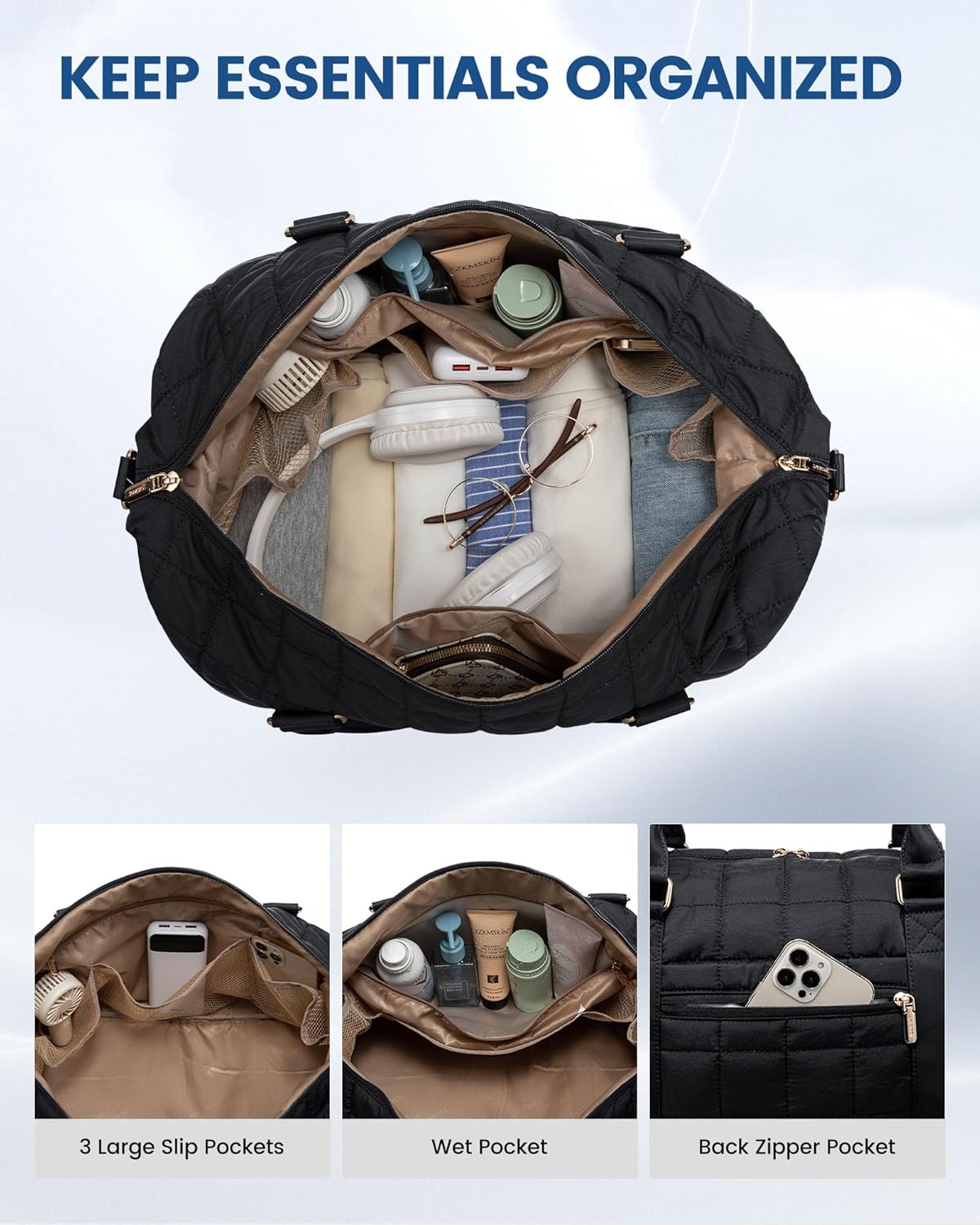 LOVEVOOK Large Duffle Bag for Travel, Puffer Weekend Bags for Women Travel Tote, Carry on Duffel Bag for Airplanes, 18 Inch Personal Item Bag Gym Bag Women, Black - Image 4