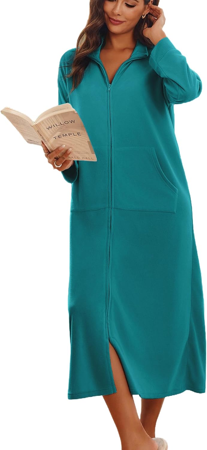 Ekouaer Women Zipper Robe Long Sleeves House Coat Soft Bathrobe Sleepwear with Pockets Housecoat Loungewear - Image 6