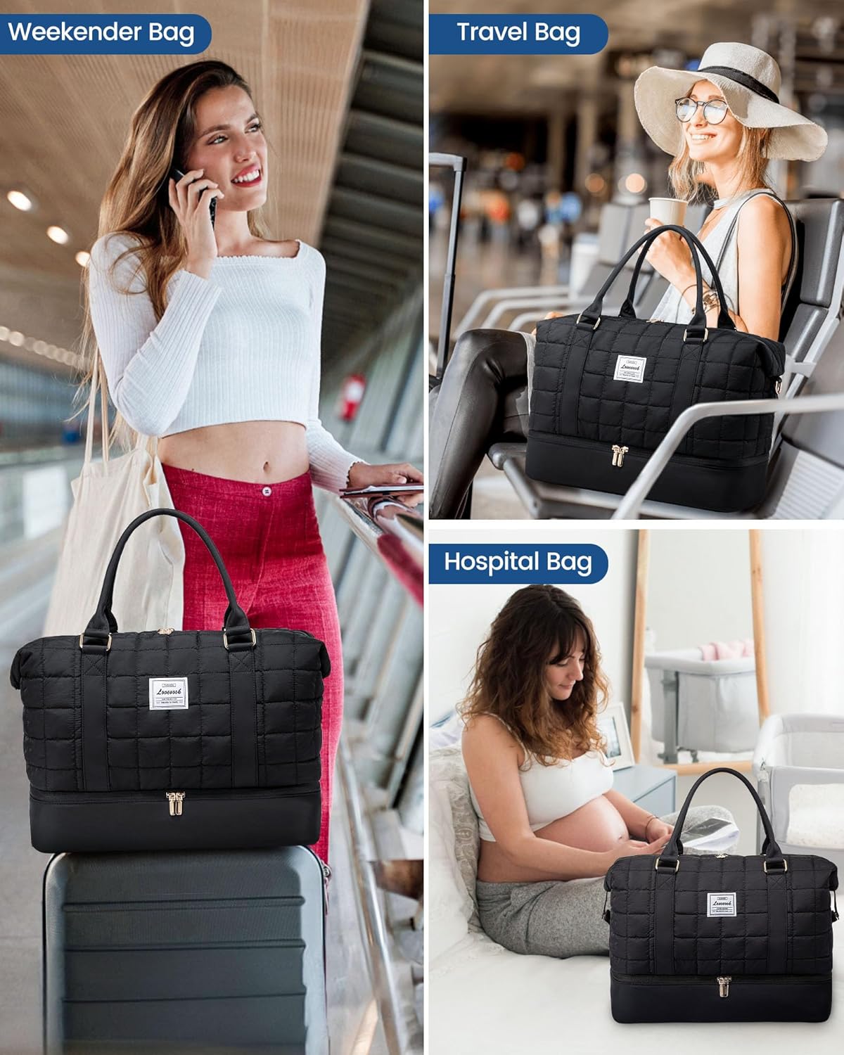 LOVEVOOK Large Duffle Bag for Travel, Puffer Weekend Bags for Women Travel Tote, Carry on Duffel Bag for Airplanes, 18 Inch Personal Item Bag Gym Bag Women, Black - Image 6