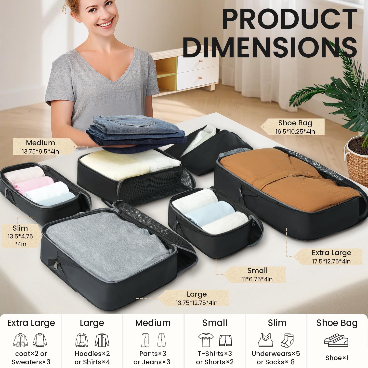 BAGAIL 4 Set/6 Set/8 Set Compression Packing Cubes Travel Accessories Expandable Packing Organizers (Half Mesh, 6-Black)