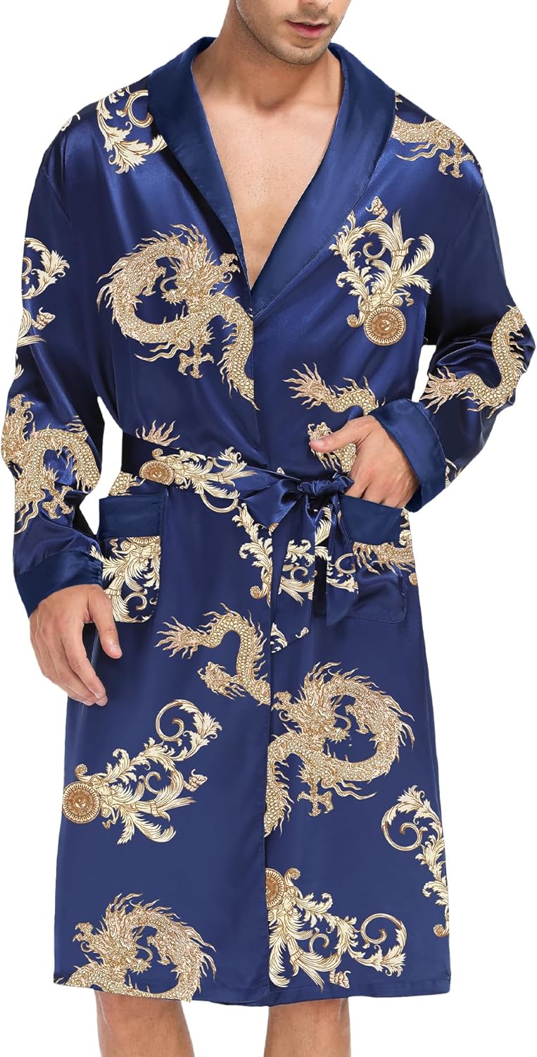 SWOMOG Men's Satin Robe with Shorts Set Silky Kimono Bathrobe Lightweight Soft Sleepwear