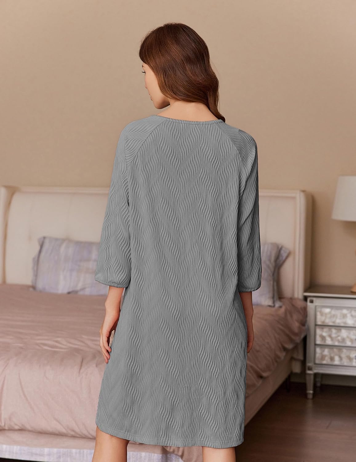 Ekouaer Women Zipper Robes 3/4 Sleeve Ribbed Knit Bathrobe Lightweight Knee Length Loungewear Housecoat with Pockets S-3XL