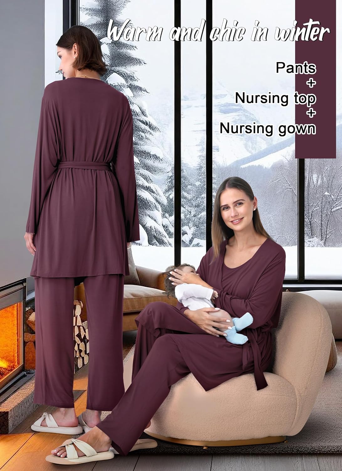 Rnxrbb 4 PCS Nursing Pajamas Gown Set Postpartum Pajama Nightgown Breastfeeding Pj for Hospital Labor Delivery