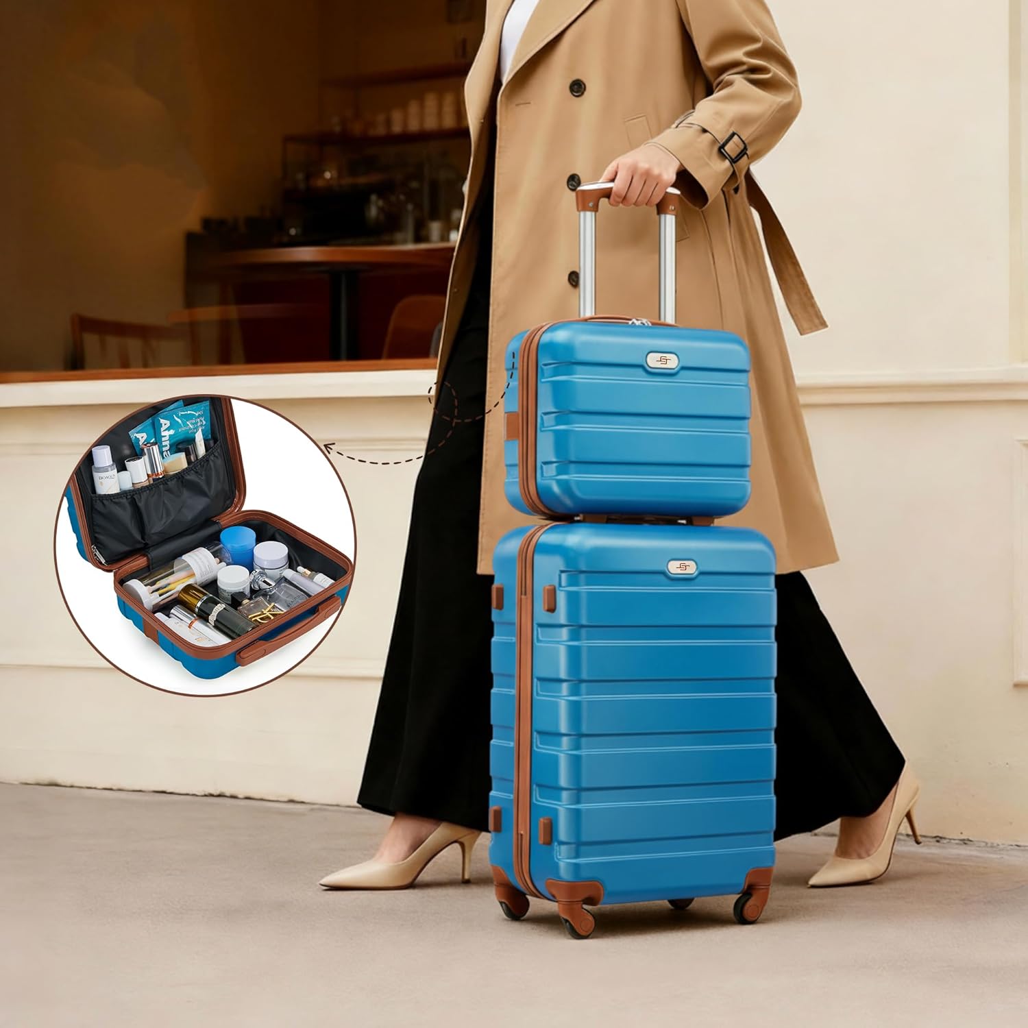 Suitour Luggage Sets 6 Piece, 20-inch Carry-on and 24 inch28 inch Checked Suitcase Set with Cosmetic Case and Expandable Travel Duffle Bags Set(Blue Brown)